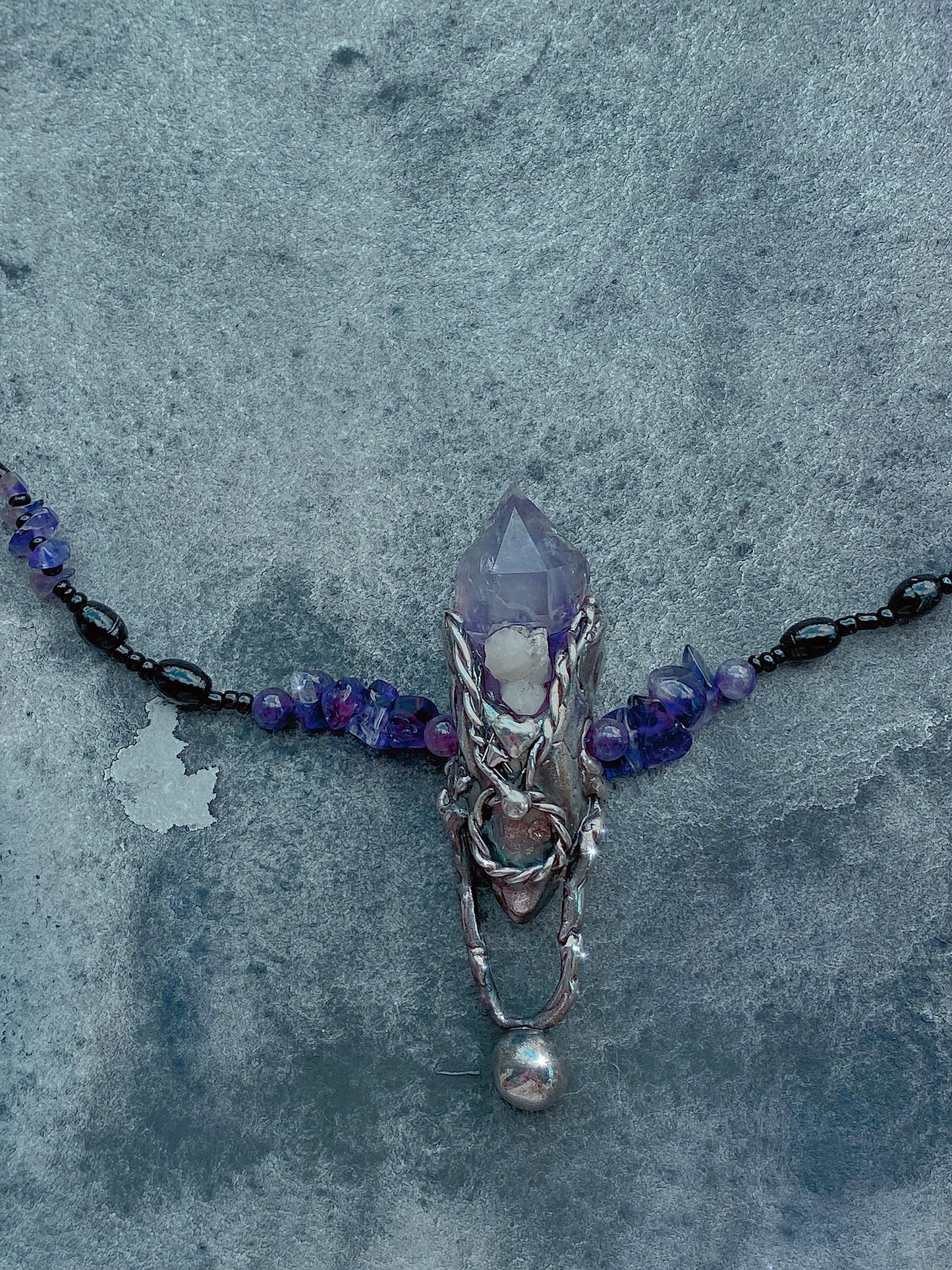 ꩜ volua talisman ꩜ amethyst pendulum on mineral and lava aroma bead strand