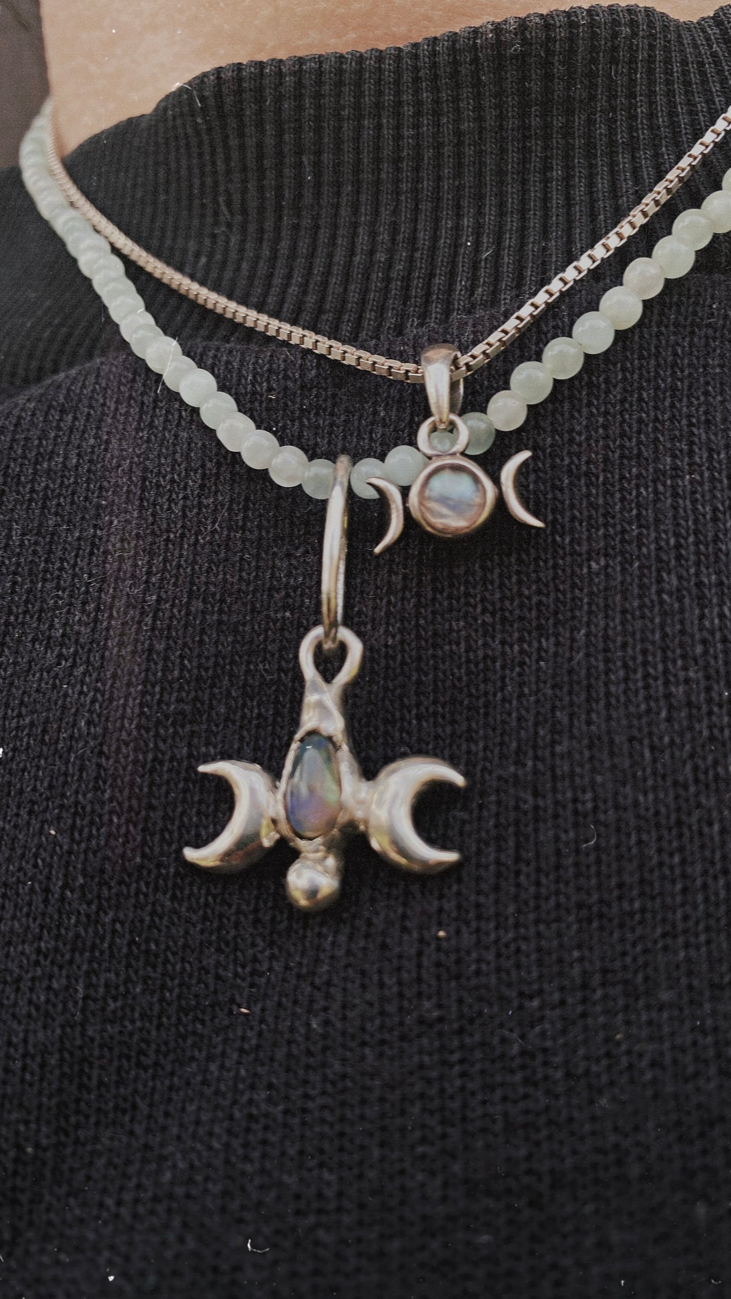 ꩜ volua ꩜ triple moon opal – unique silver triple moon opal necklace, handcrafted artisan design, mystical luxury heirloom gift