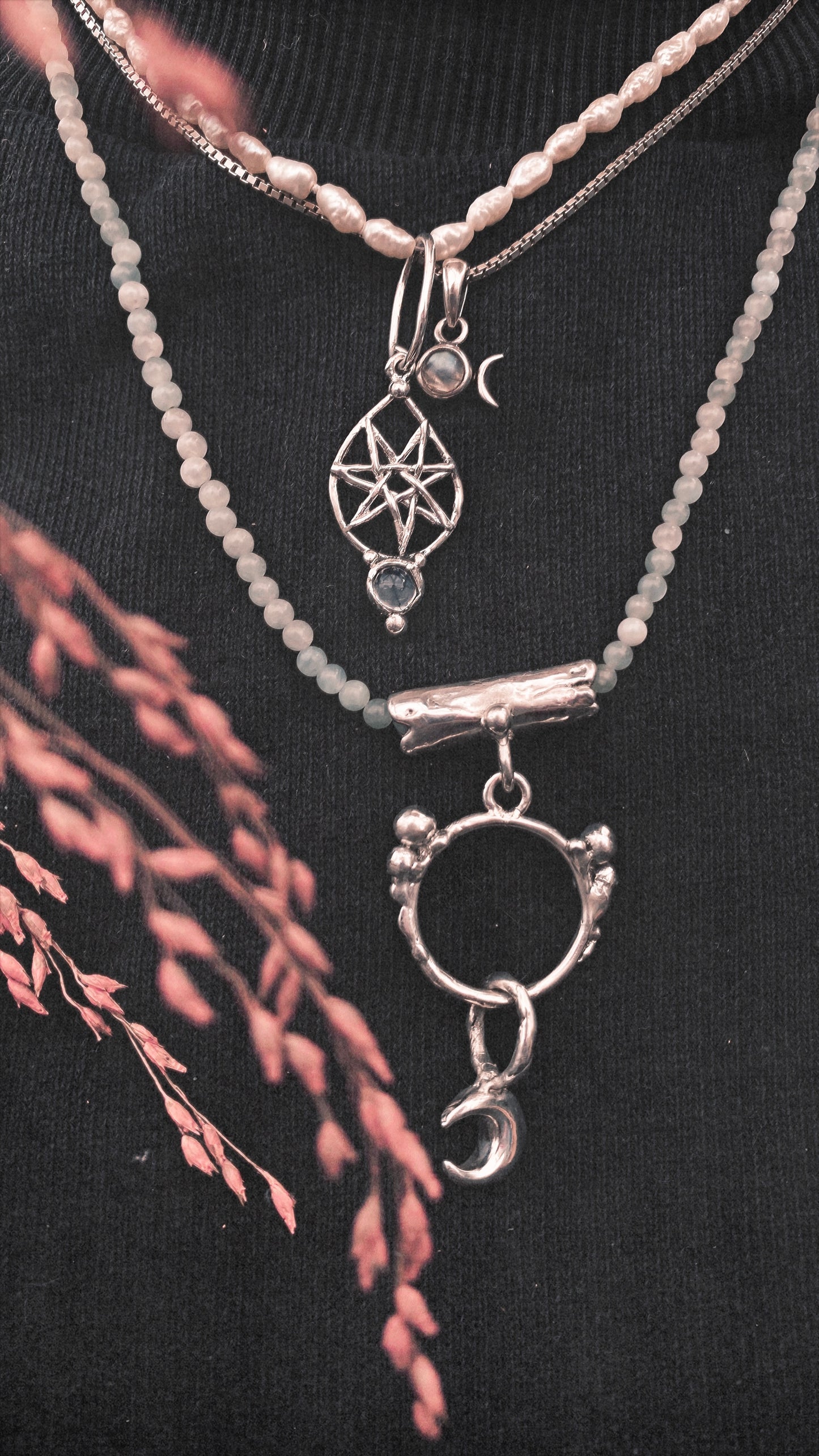 enter lunaria triple piece silver pendant {door nox} – one-of-a-kind moon motif pendant, handcrafted artisan jewellery, celestial luxury heirloom gift