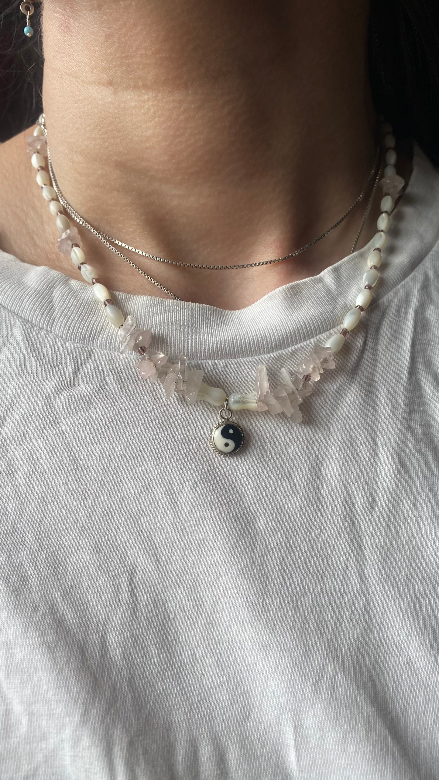 vintage yin & yang with rose quartz and luminous seashell rice