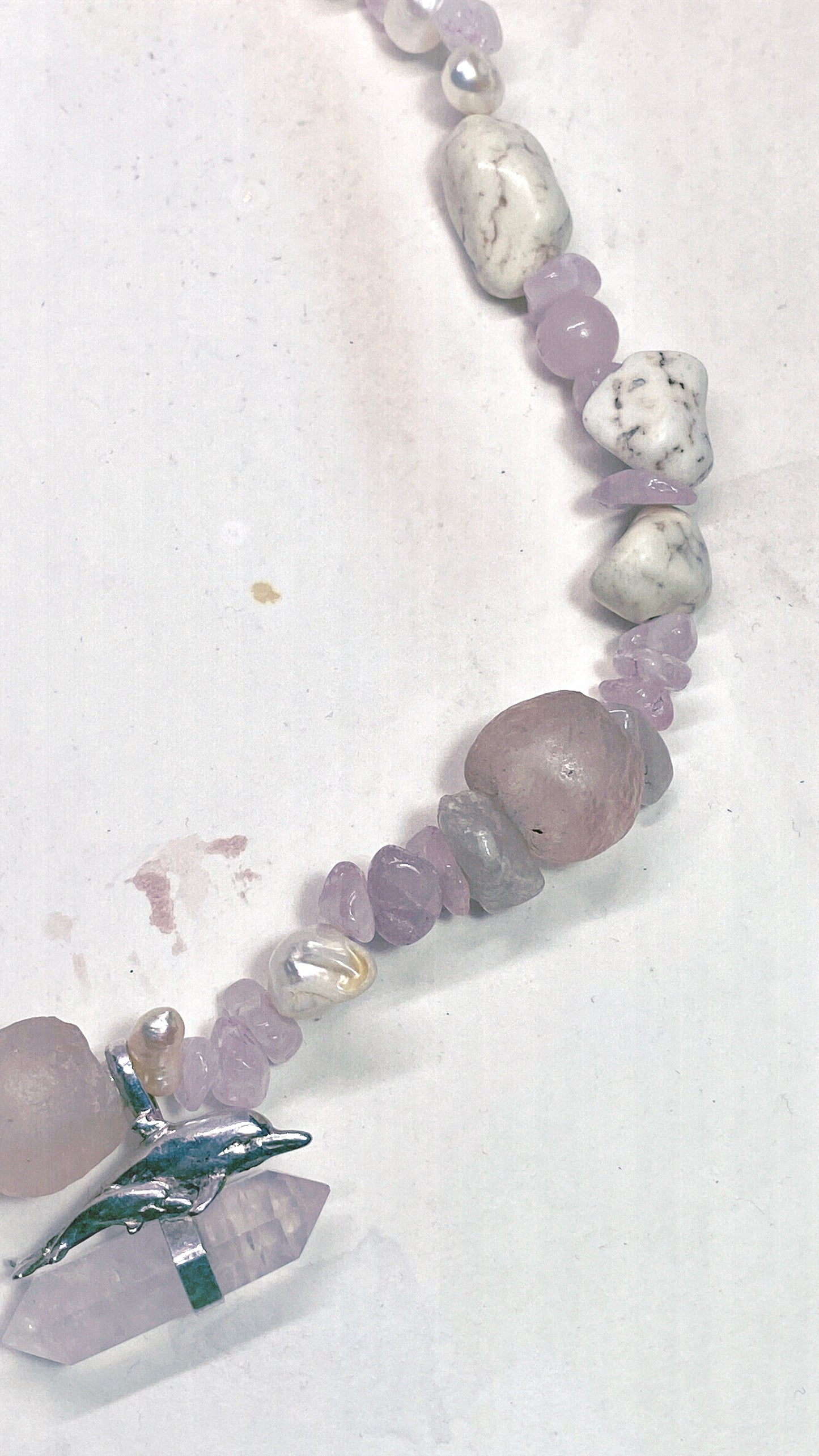 vintage silver dolphin mother and child pair with rose quartz on chunky, organic strand