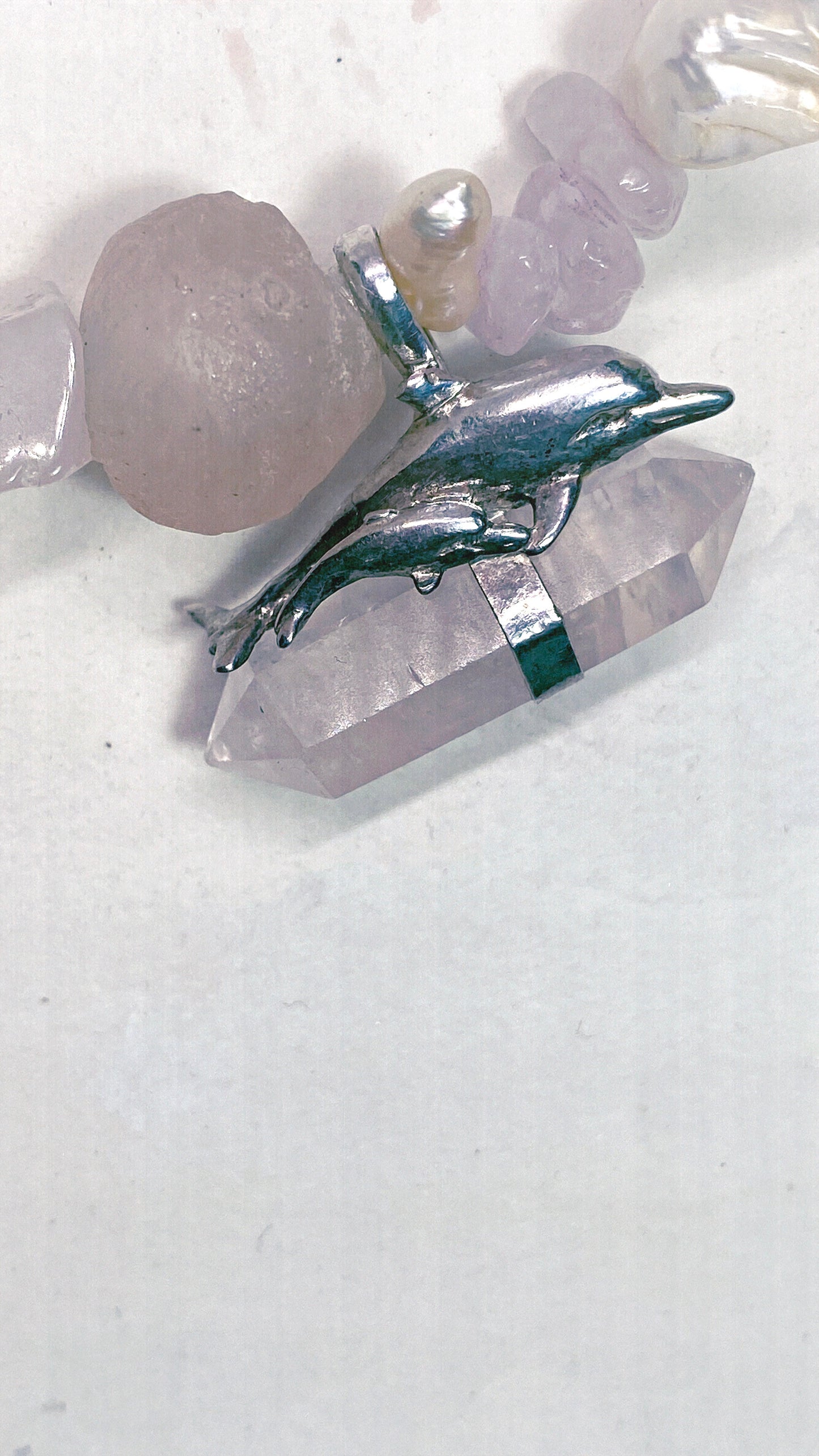 vintage silver dolphin mother and child pair with rose quartz on chunky, organic strand