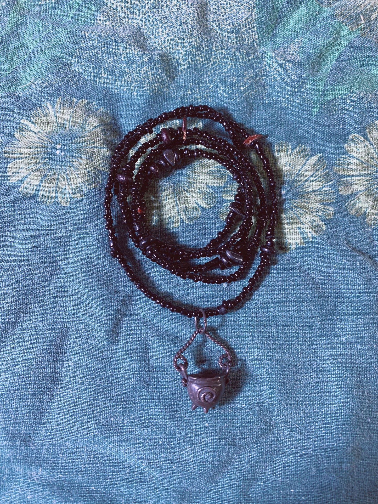 smoke obsidian // blackened silver cauldron on beaded string