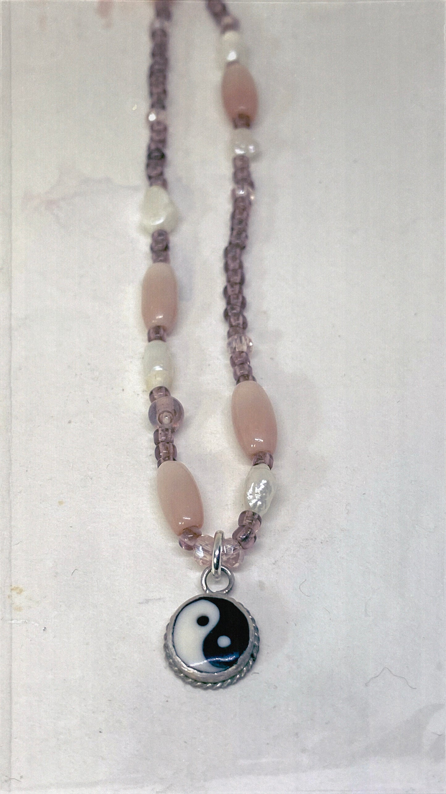 vintage silver enamel yin yang with moonglow lucite and freshwater pearl
