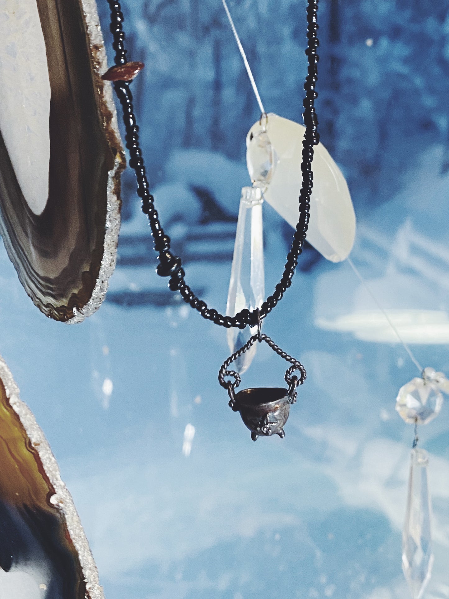 smoke obsidian // blackened silver cauldron on beaded string