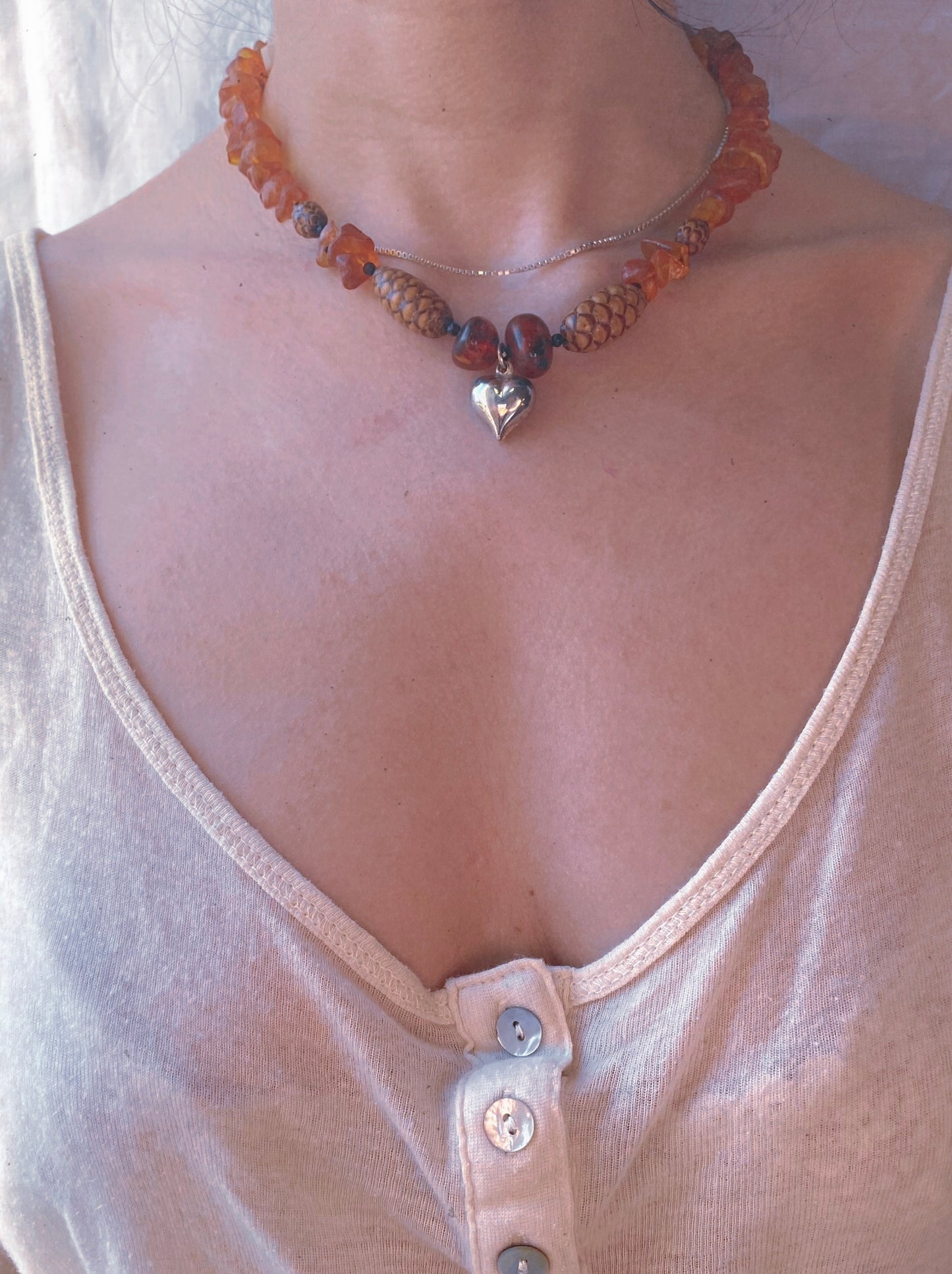 baltic amber, garnet, pinecone and chunky vintage silver heart