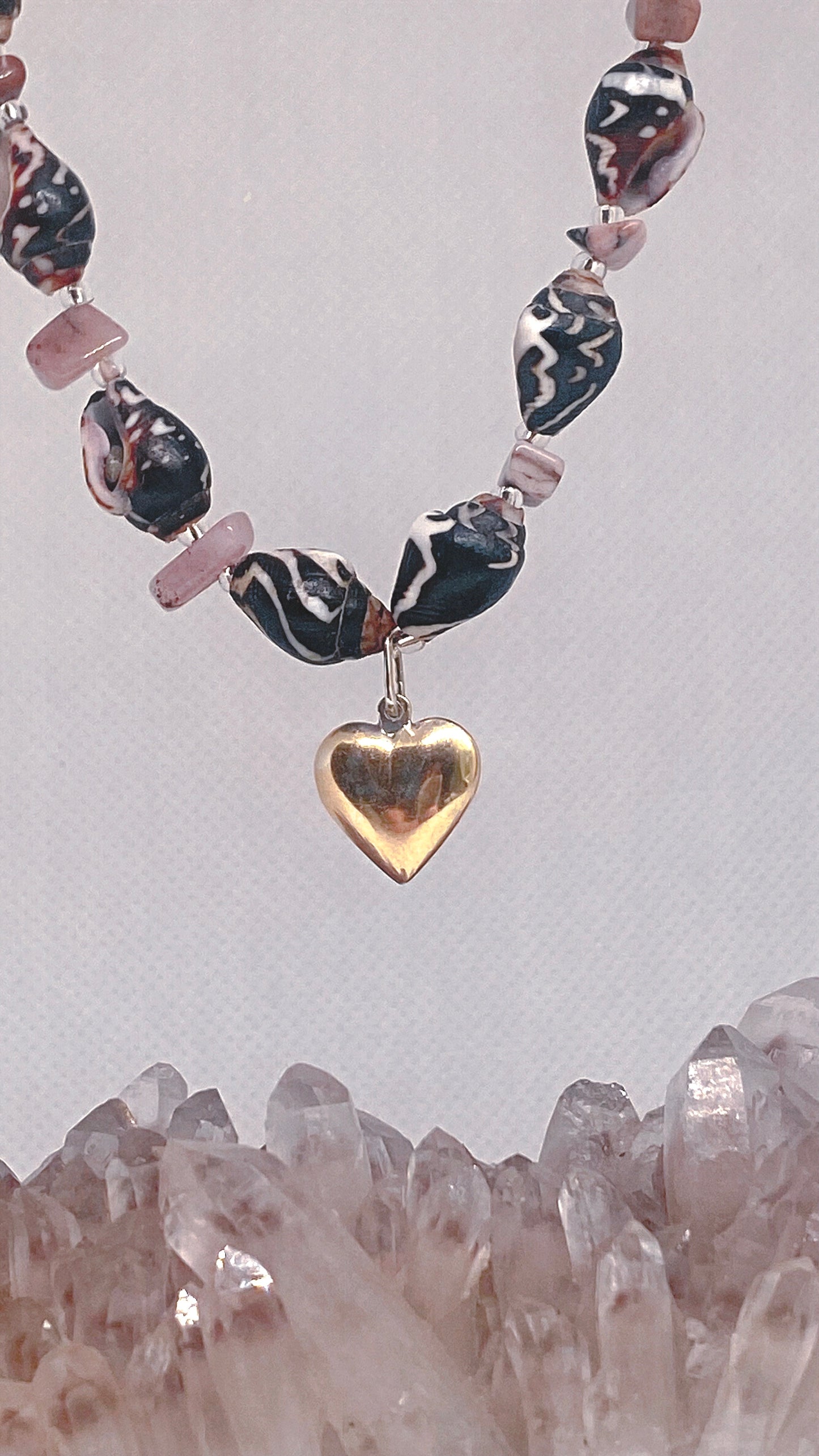 mottled mini shells and jasper with vintage gold plated silver heart