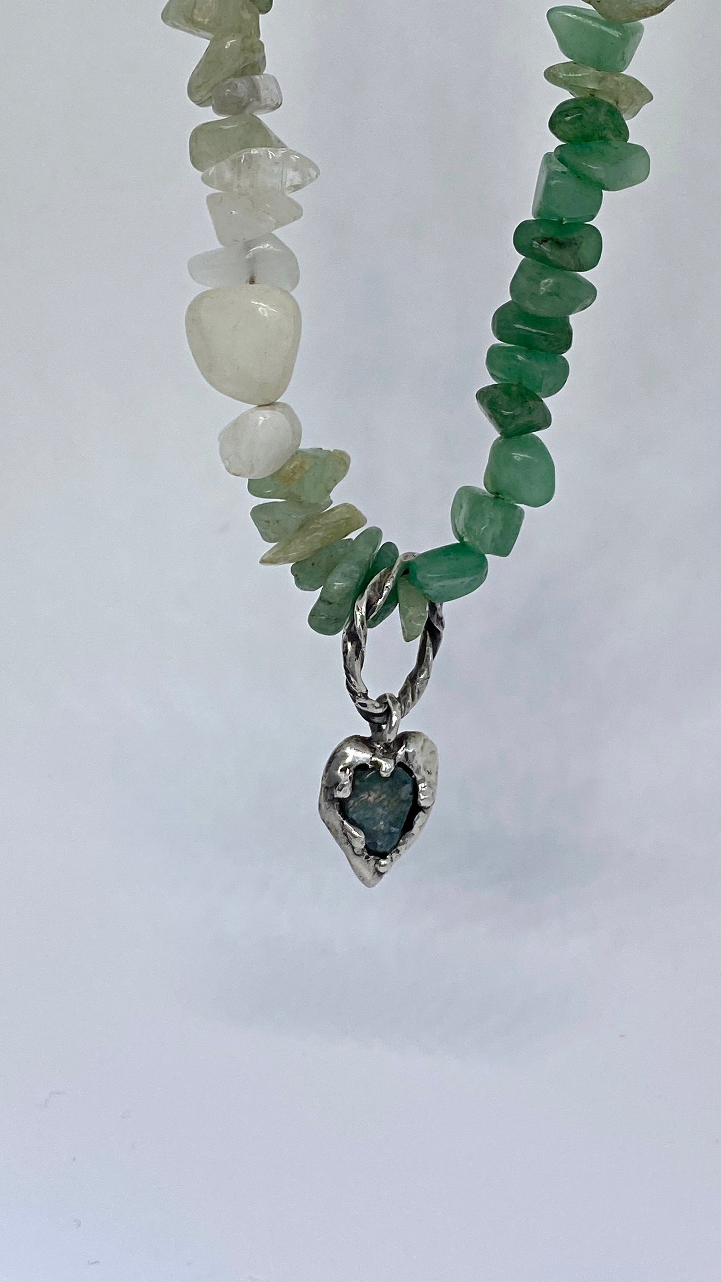 ꩜ volua ꩜ moss agate rainfall heart on gemstone gradient strand – handmade moss agate heart necklace with recycled silver and ethical stones, unique artisan gift