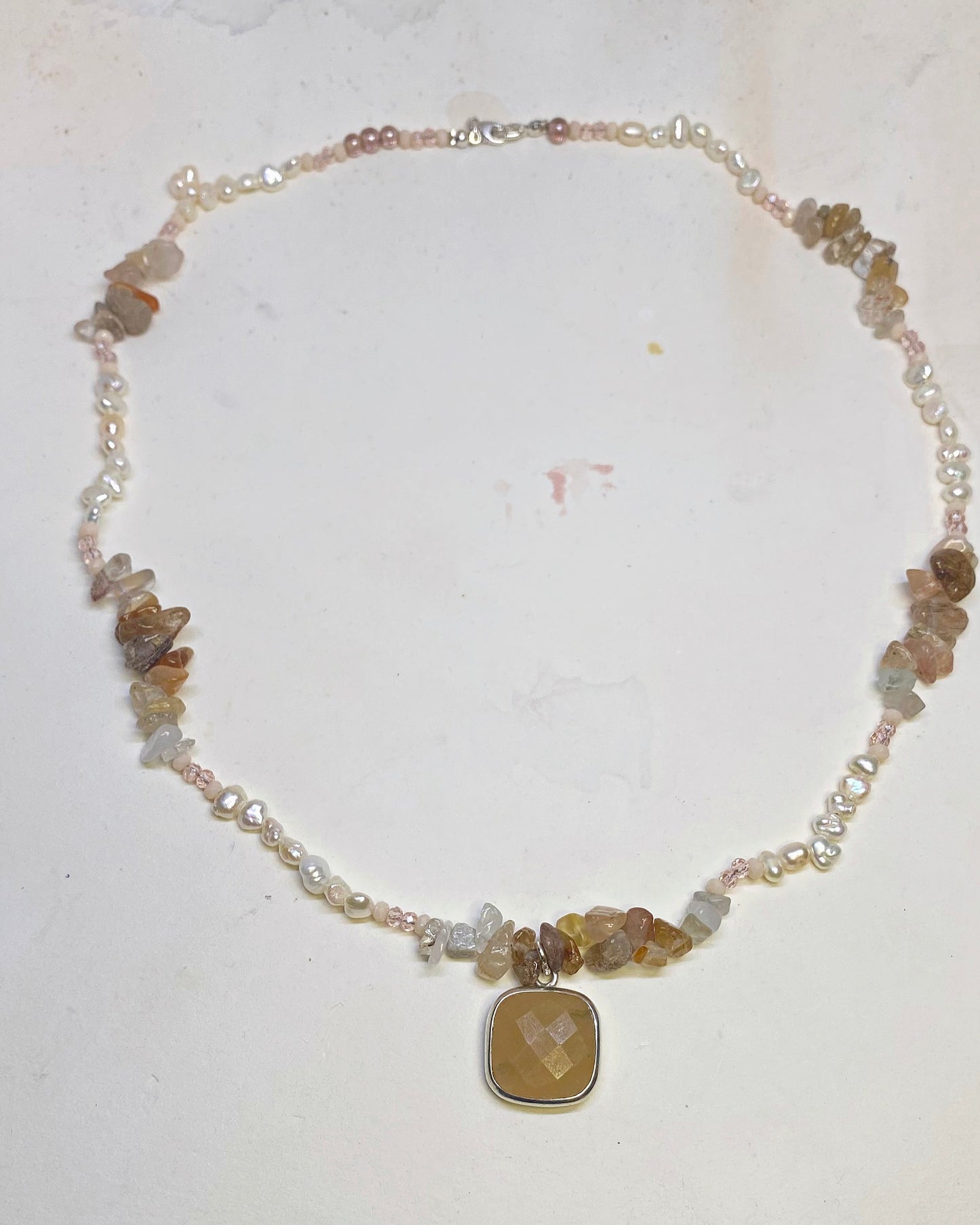vintage faceted peach aventurine with freshwater pearls, sunstone, semiprecious rocks