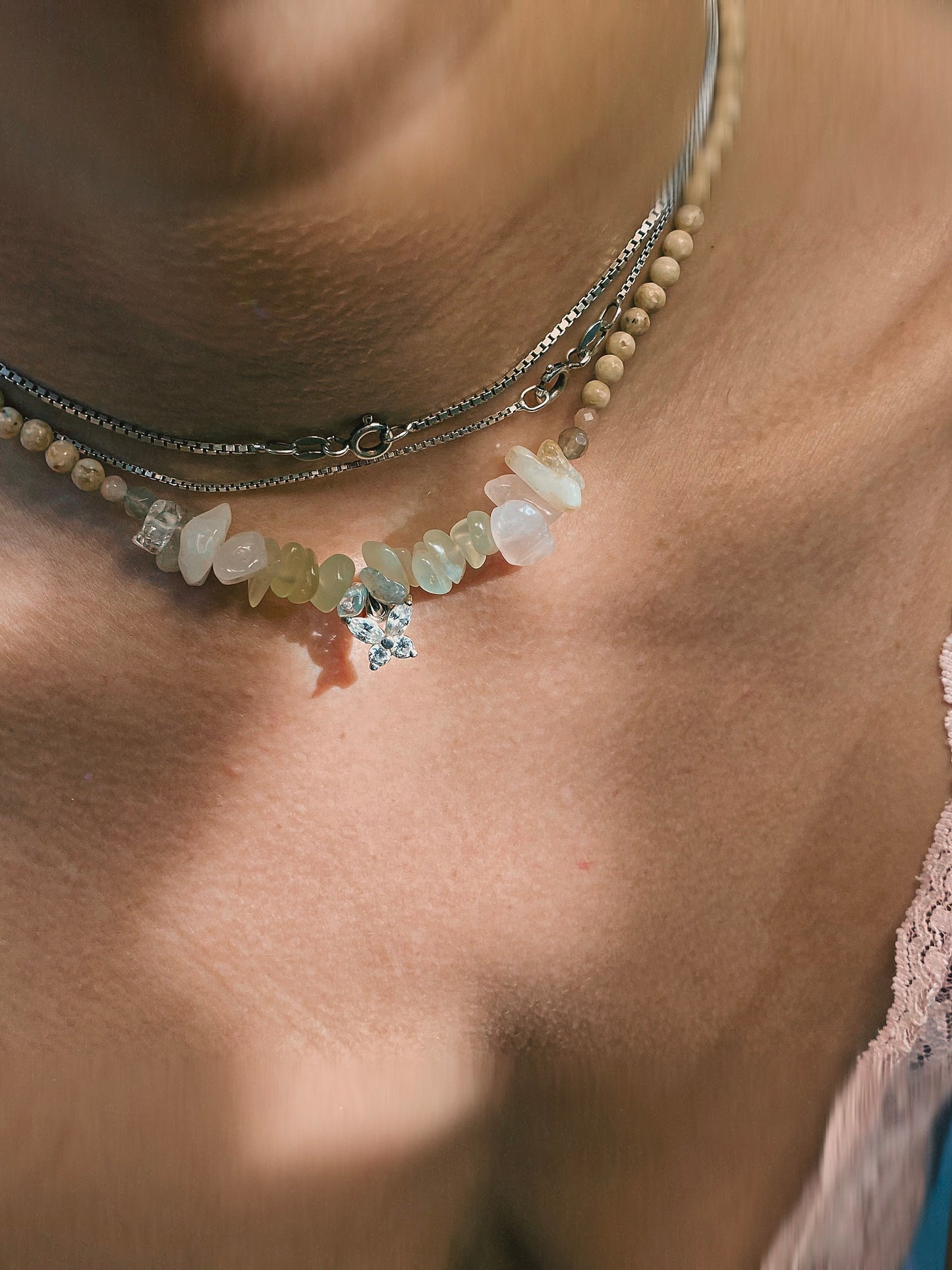 mini butterfly on jade, apatite, rose quartz gradient with howlite