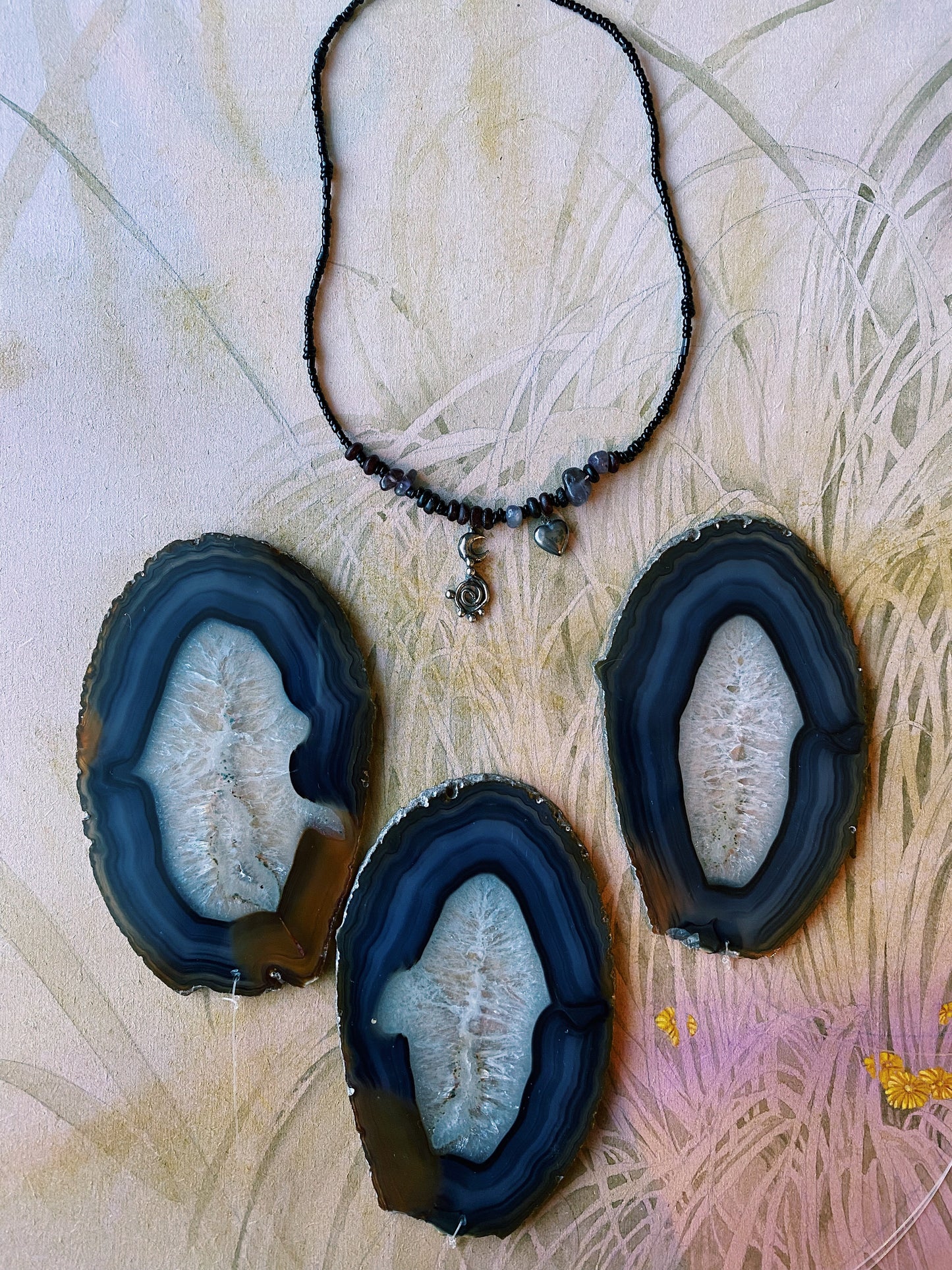 ꩜ volua ꩜ spiral moon dark heart beaded necklace