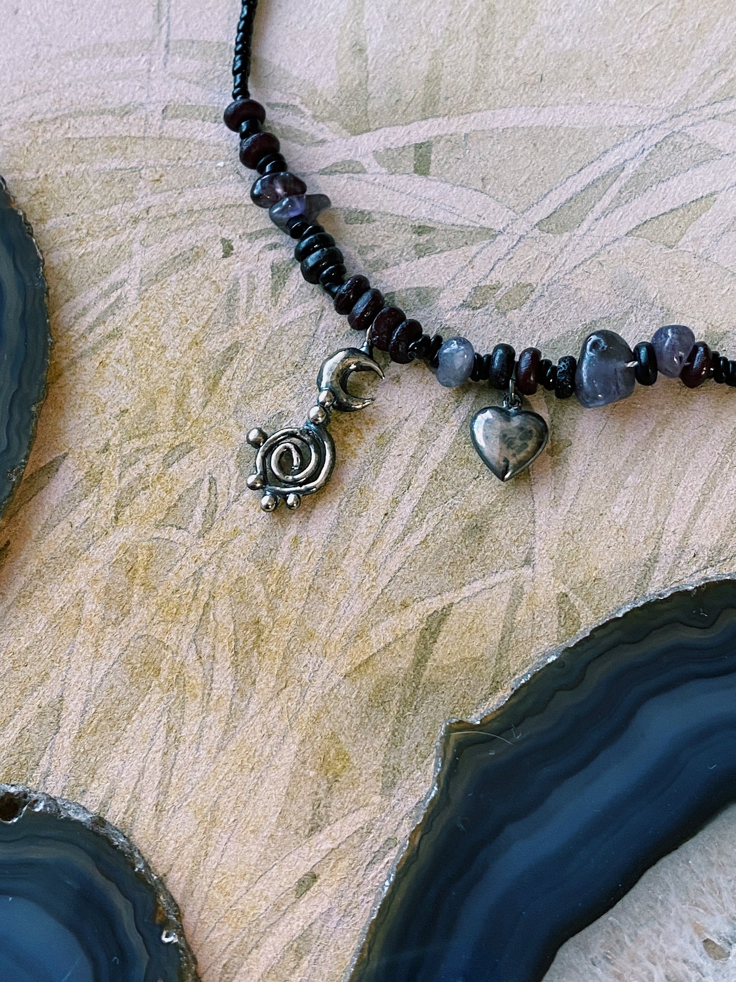 ꩜ volua ꩜ spiral moon dark heart beaded necklace
