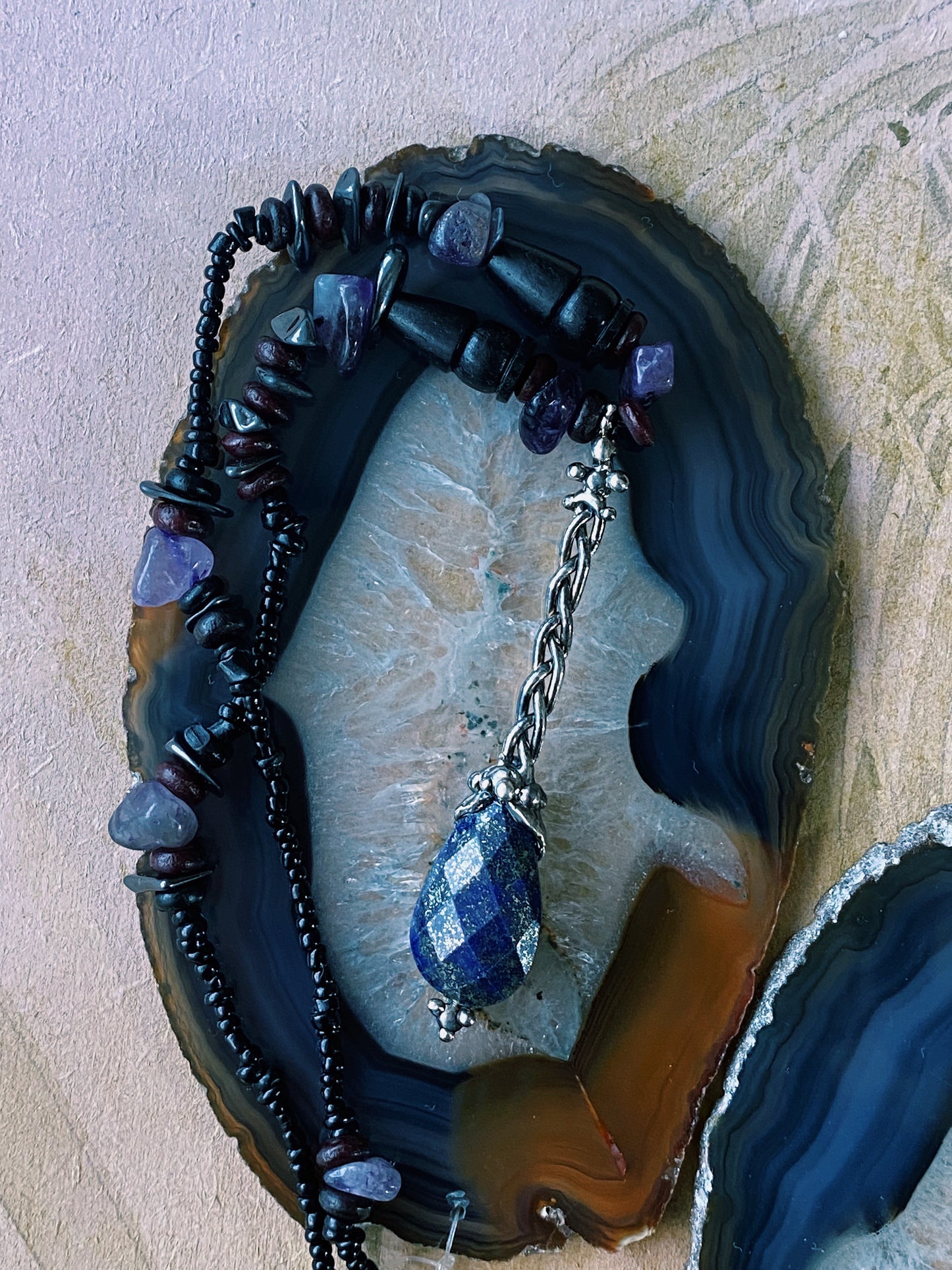 ꩜ volua ꩜ faceted lapiz lazuli dark wand beaded necklace