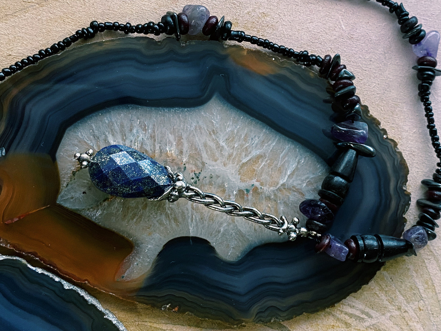 ꩜ volua ꩜ faceted lapiz lazuli dark wand beaded necklace