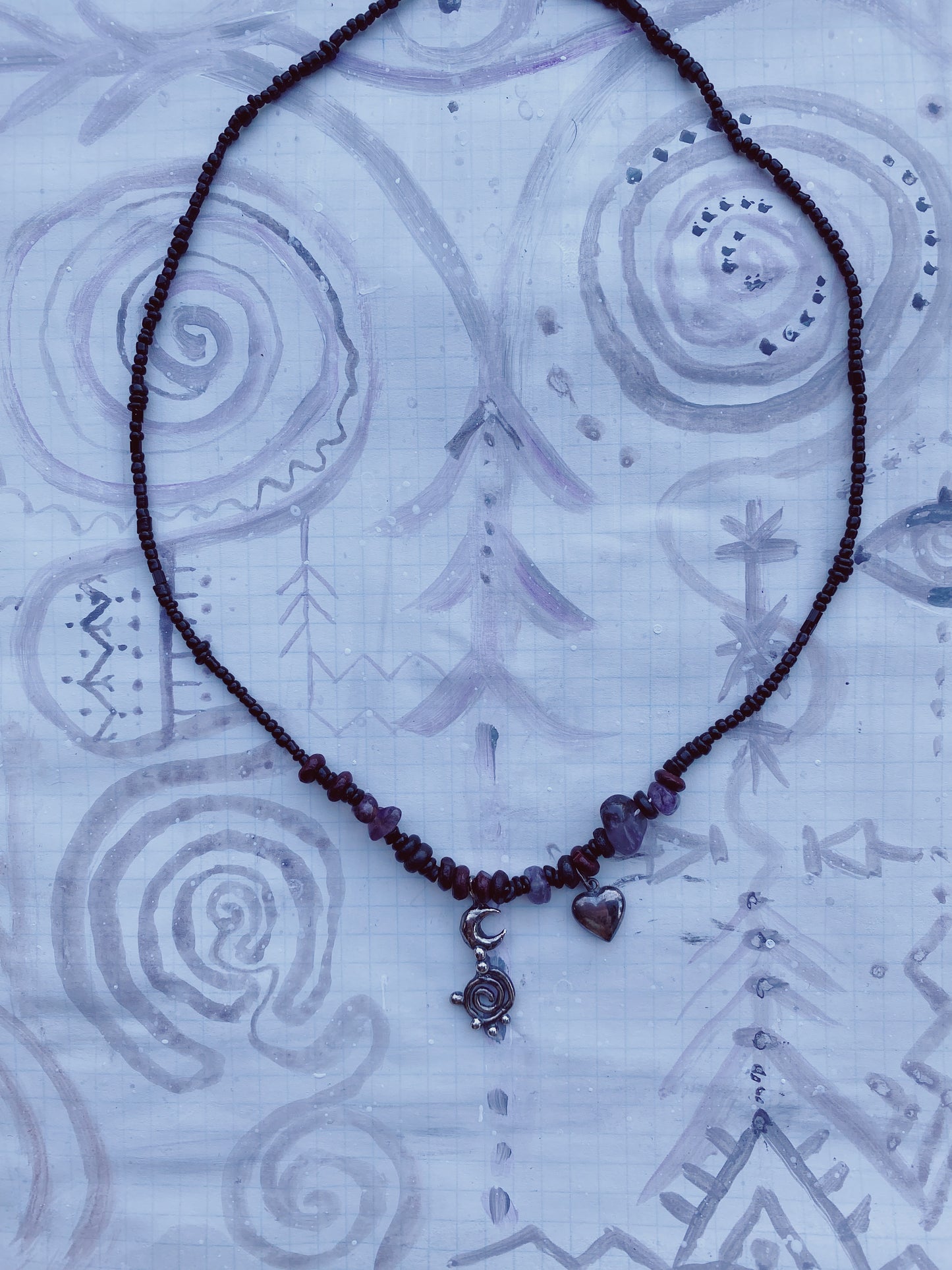 ꩜ volua ꩜ spiral moon dark heart beaded necklace