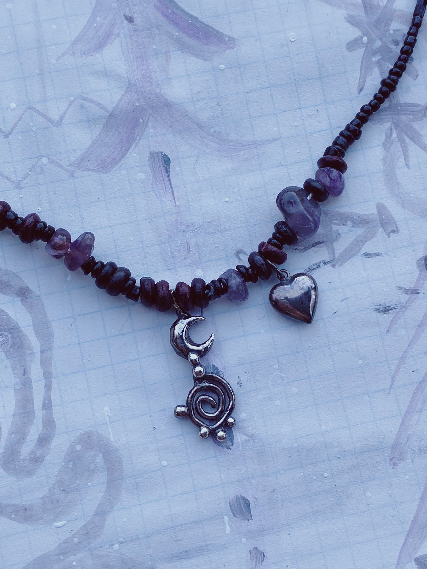 ꩜ volua ꩜ spiral moon dark heart beaded necklace