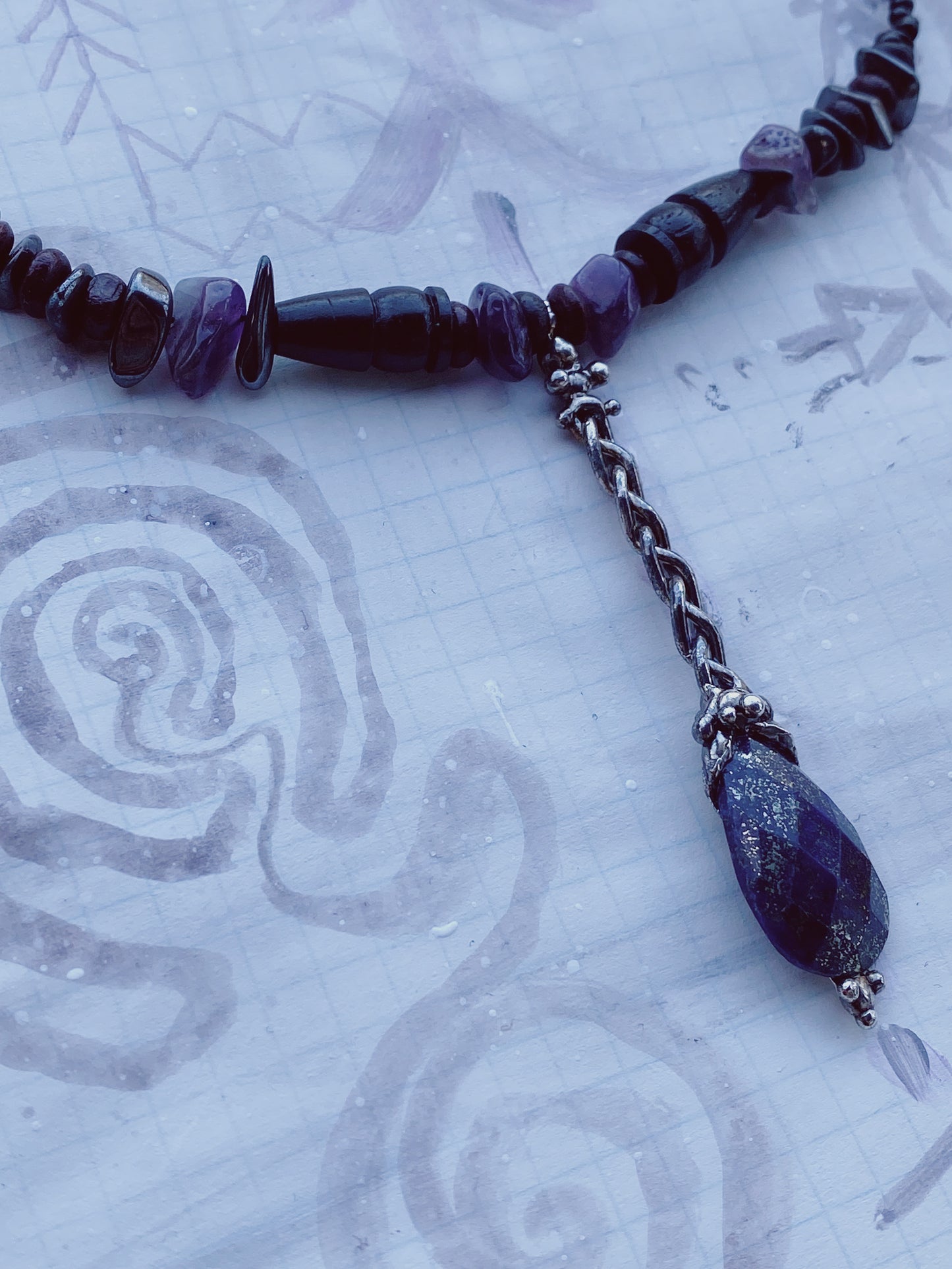 ꩜ volua ꩜ faceted lapiz lazuli dark wand beaded necklace