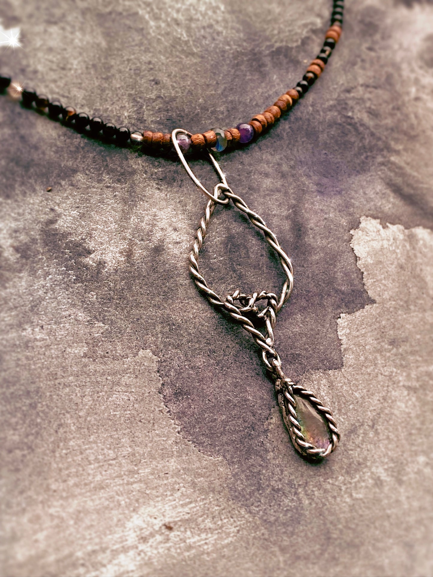 ꩜ volua ꩜ mother of pearl droplet on silver coils with labradorite, agate, obsidian