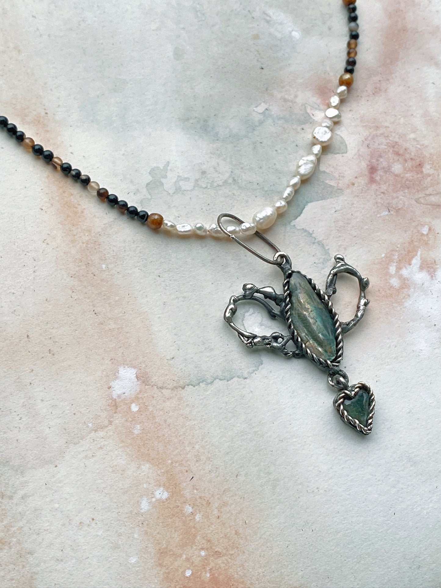 feminine shaped mother of pearl duo with agate, jasper and fresh water baroque pearl