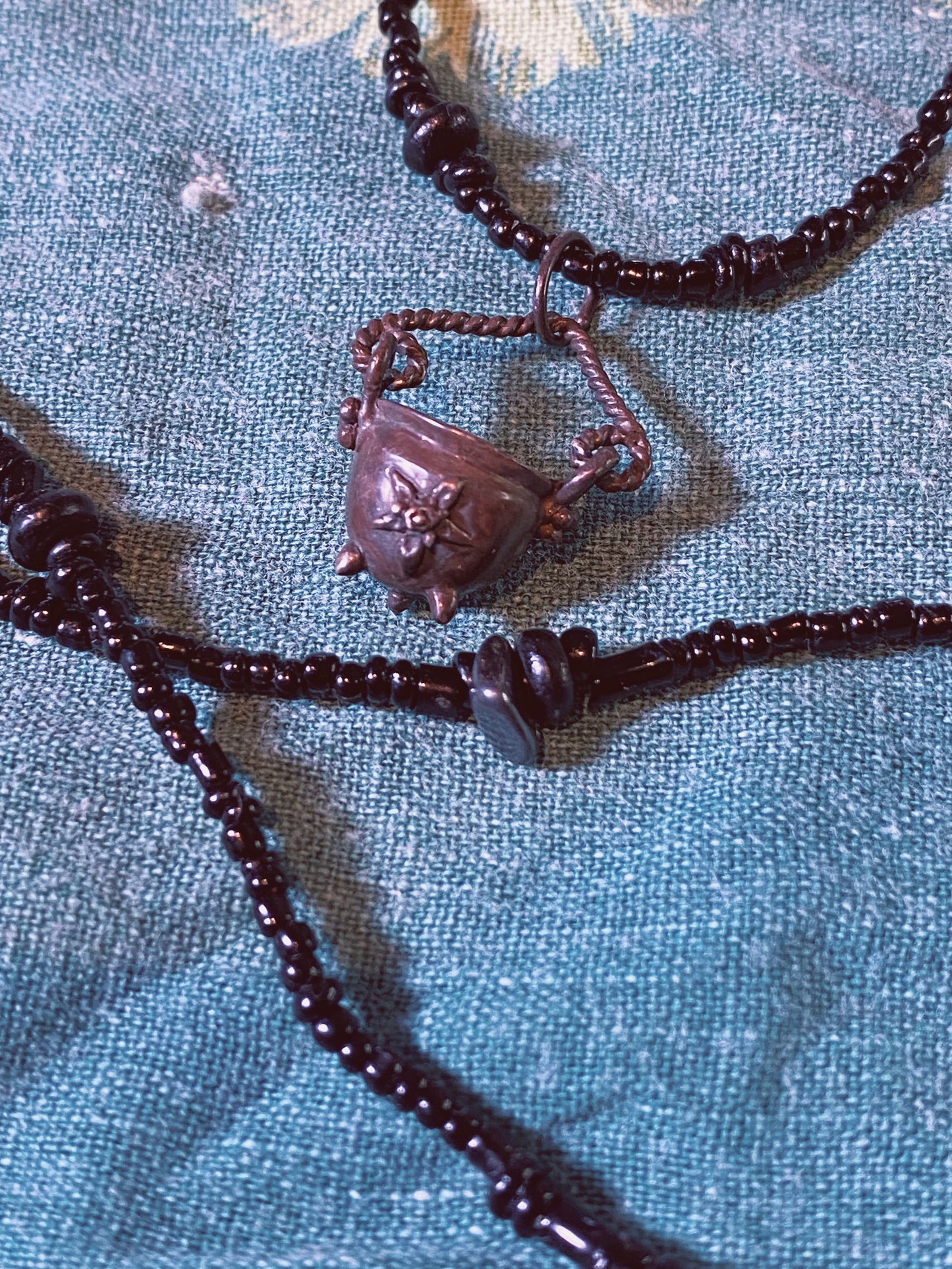 smoke obsidian // blackened silver cauldron on beaded string