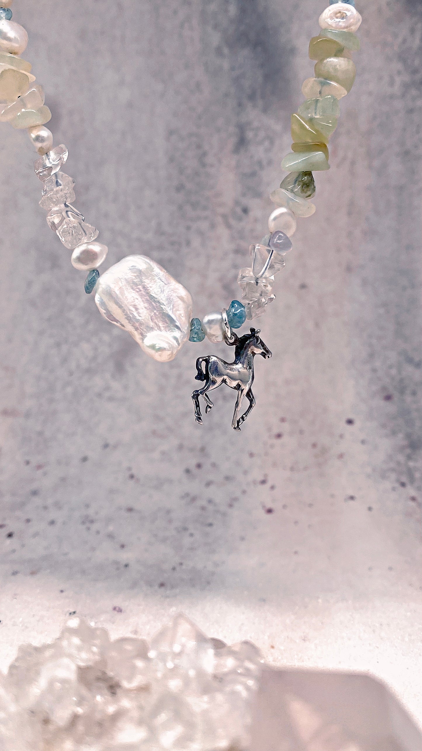 mermaid's pony, mini horse silver pendant on fresh water pearl and quartz variations