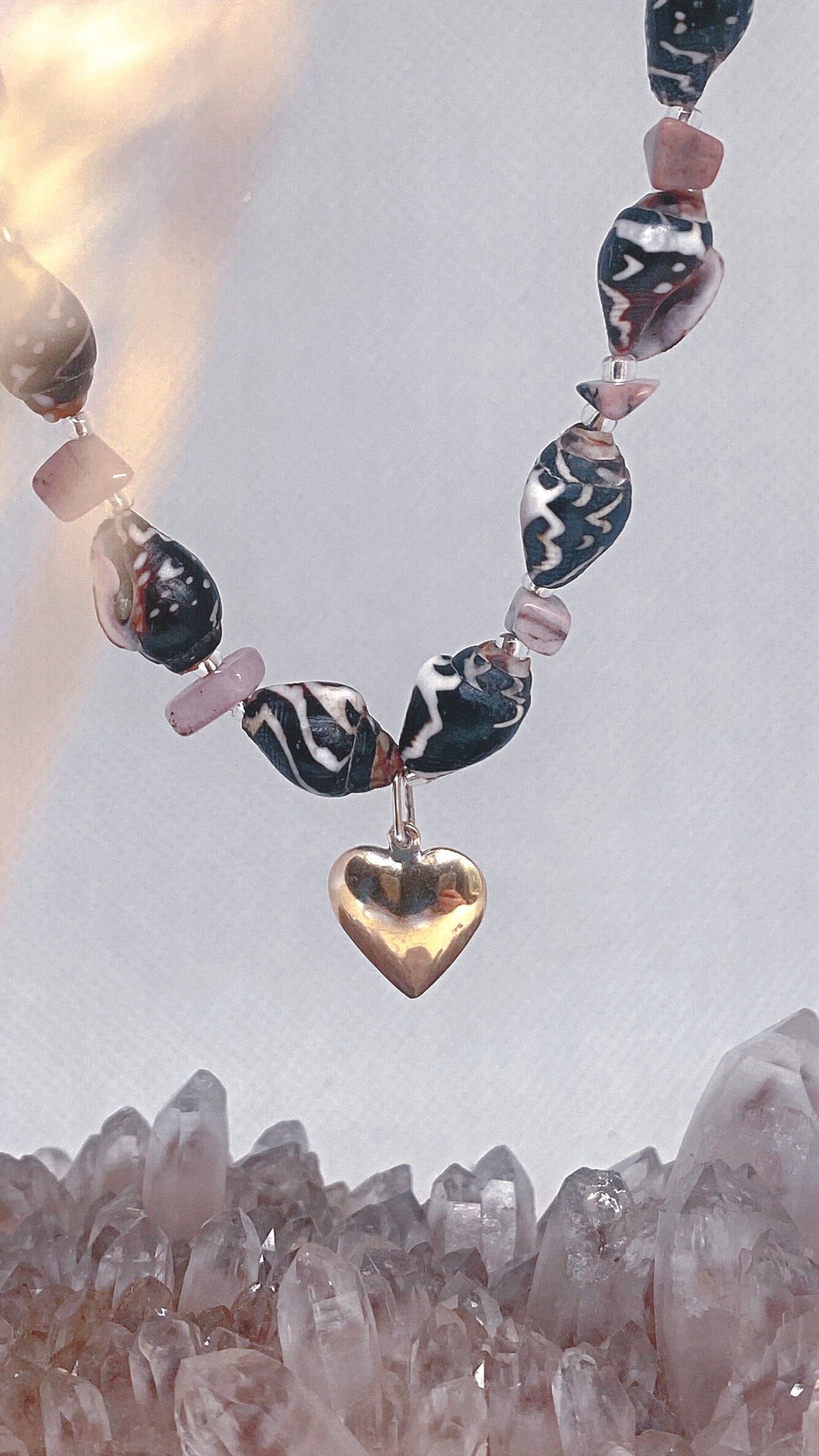 mottled mini shells and jasper with vintage gold plated silver heart