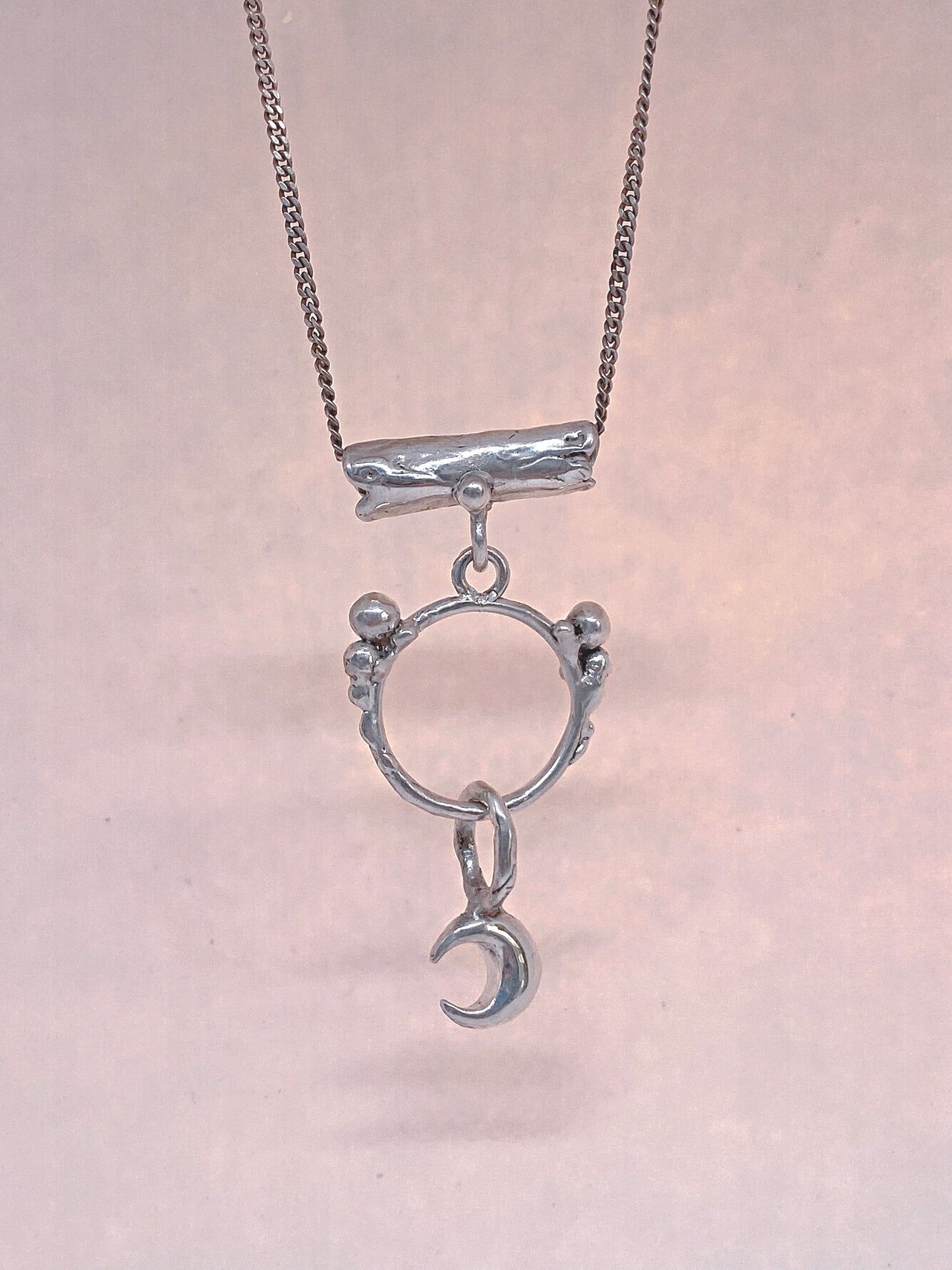 enter lunaria triple piece silver pendant {door nox} – one-of-a-kind moon motif pendant, handcrafted artisan jewellery, celestial luxury heirloom gift