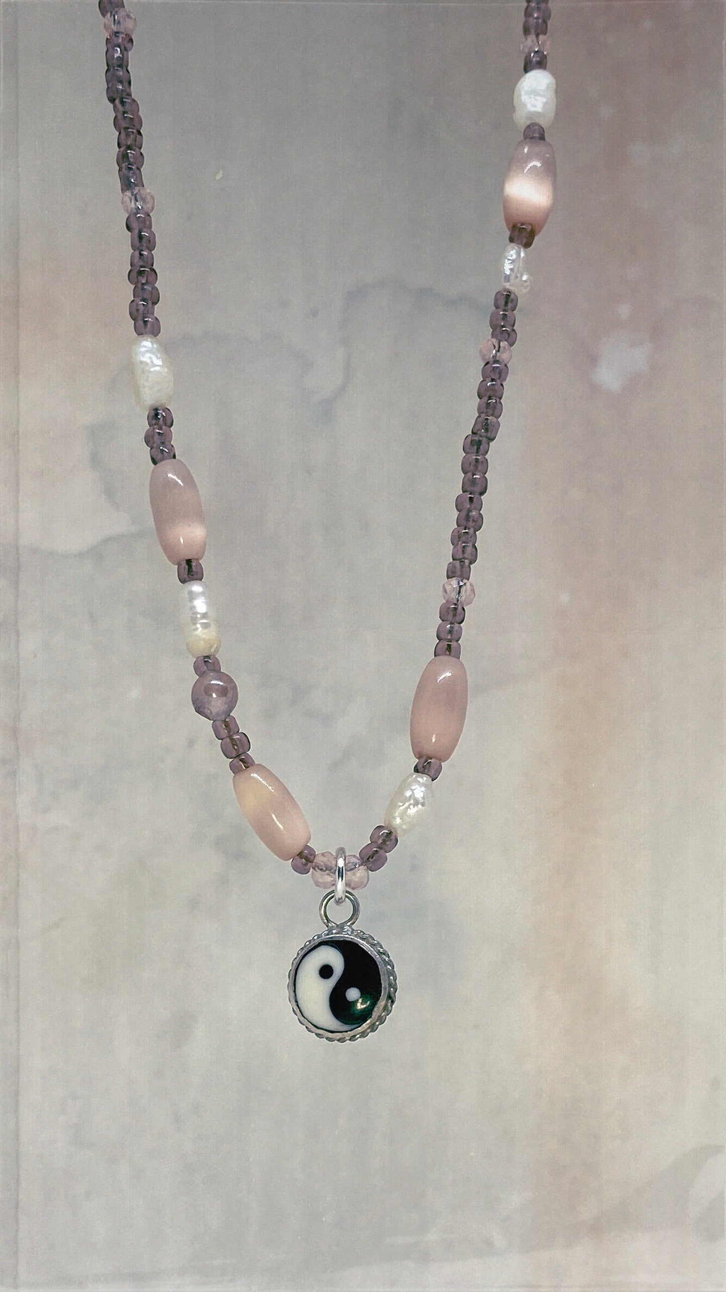 vintage silver enamel yin yang with moonglow lucite and freshwater pearl