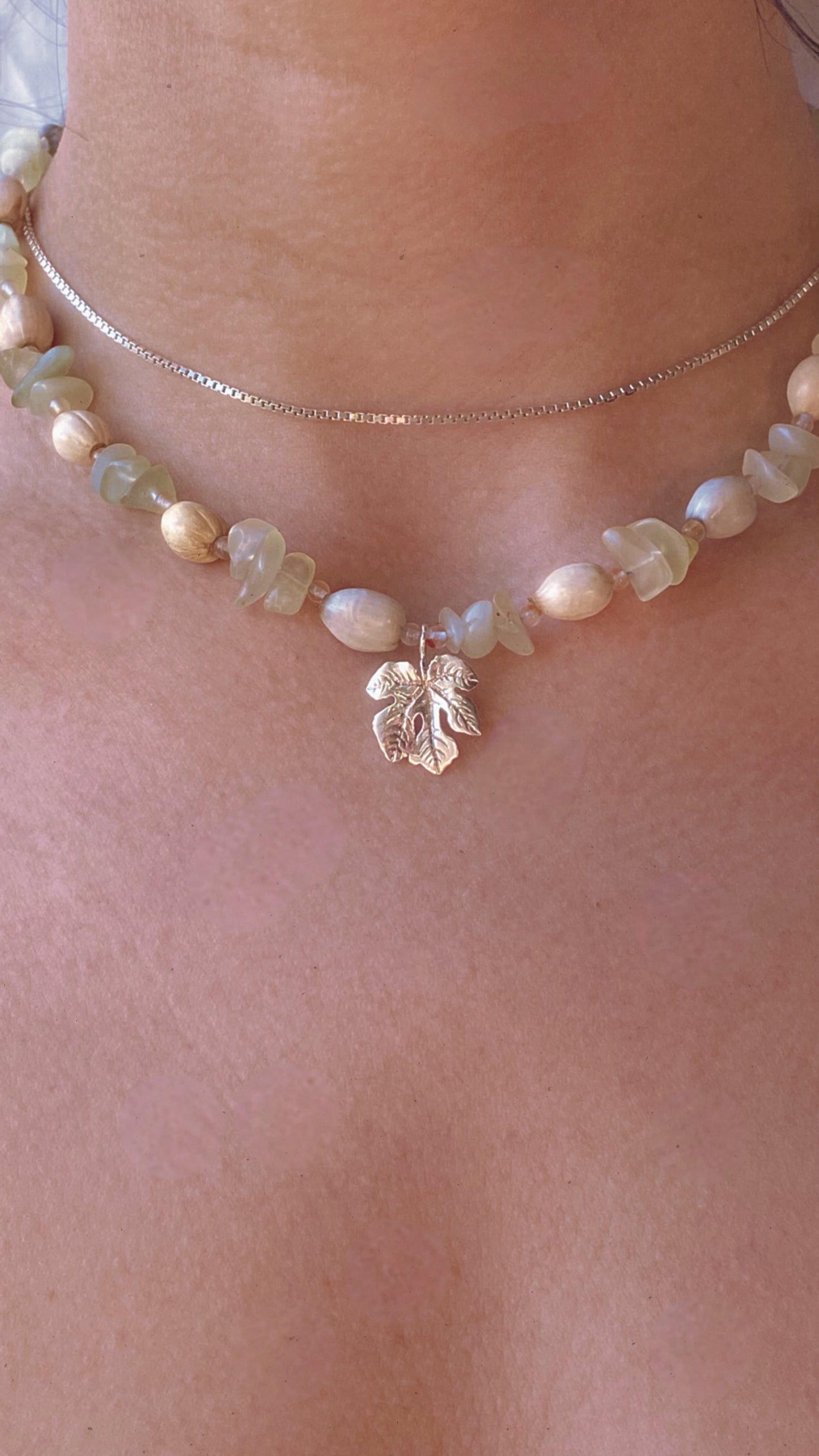vintage grape leaf on jade, carnelian and job’s tear strand