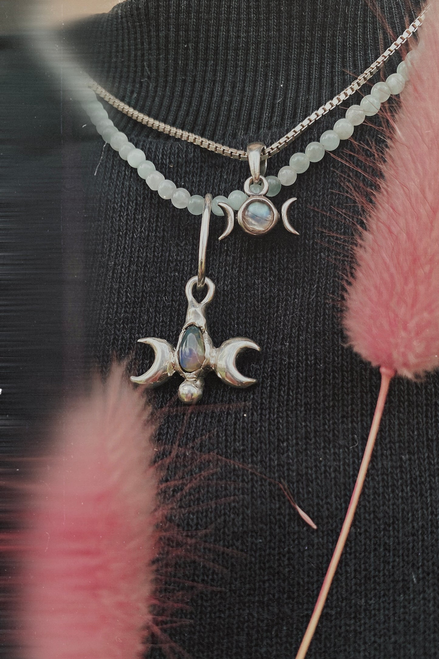 ꩜ volua ꩜ triple moon opal – unique silver triple moon opal necklace, handcrafted artisan design, mystical luxury heirloom gift