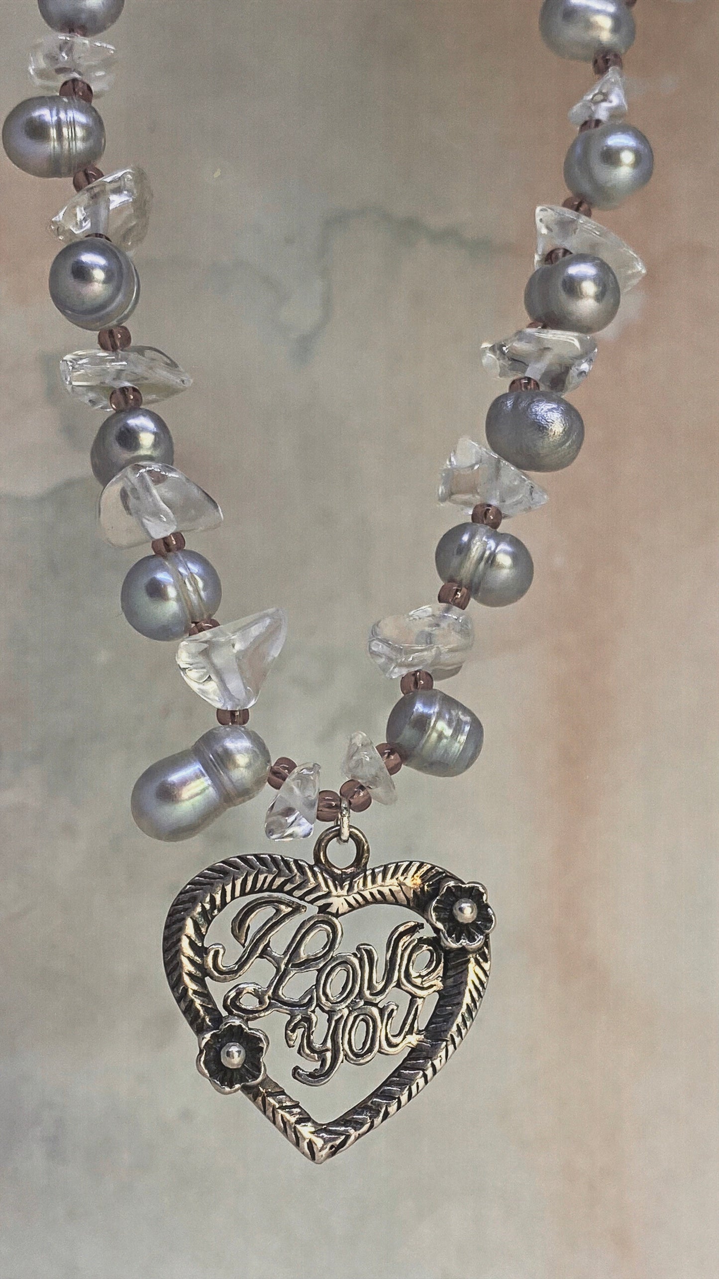 vintage 'i love you' silver heart on pearl and crystal