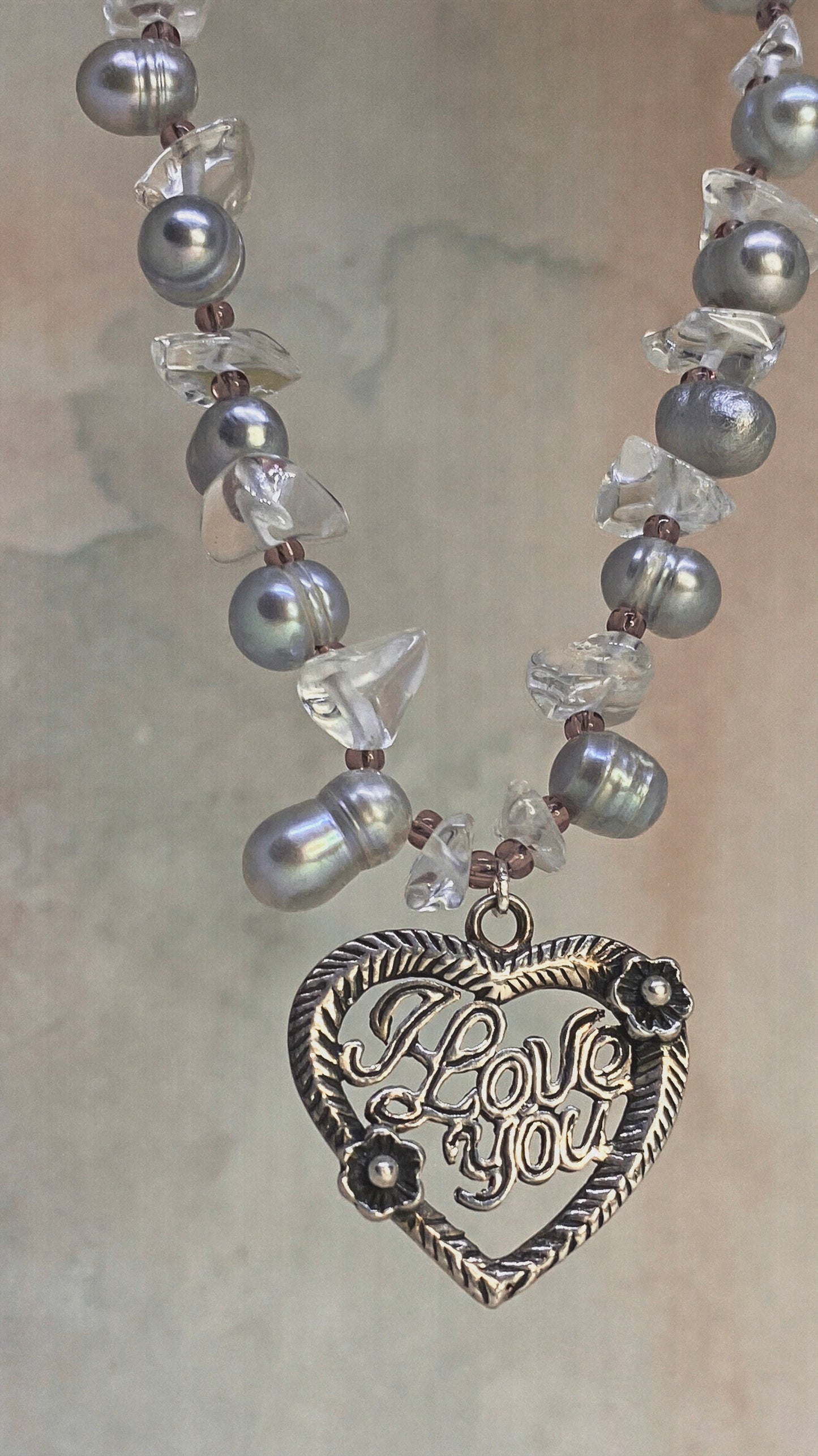 vintage 'i love you' silver heart on pearl and crystal