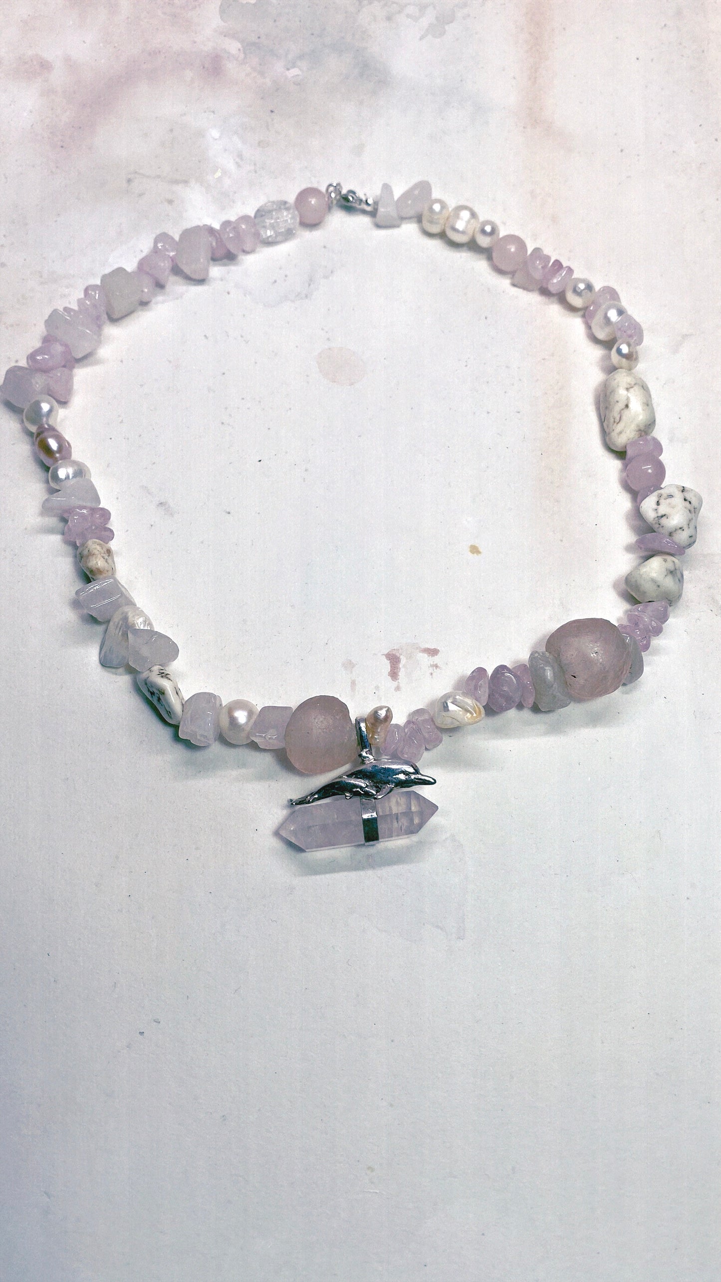 vintage silver dolphin mother and child pair with rose quartz on chunky, organic strand