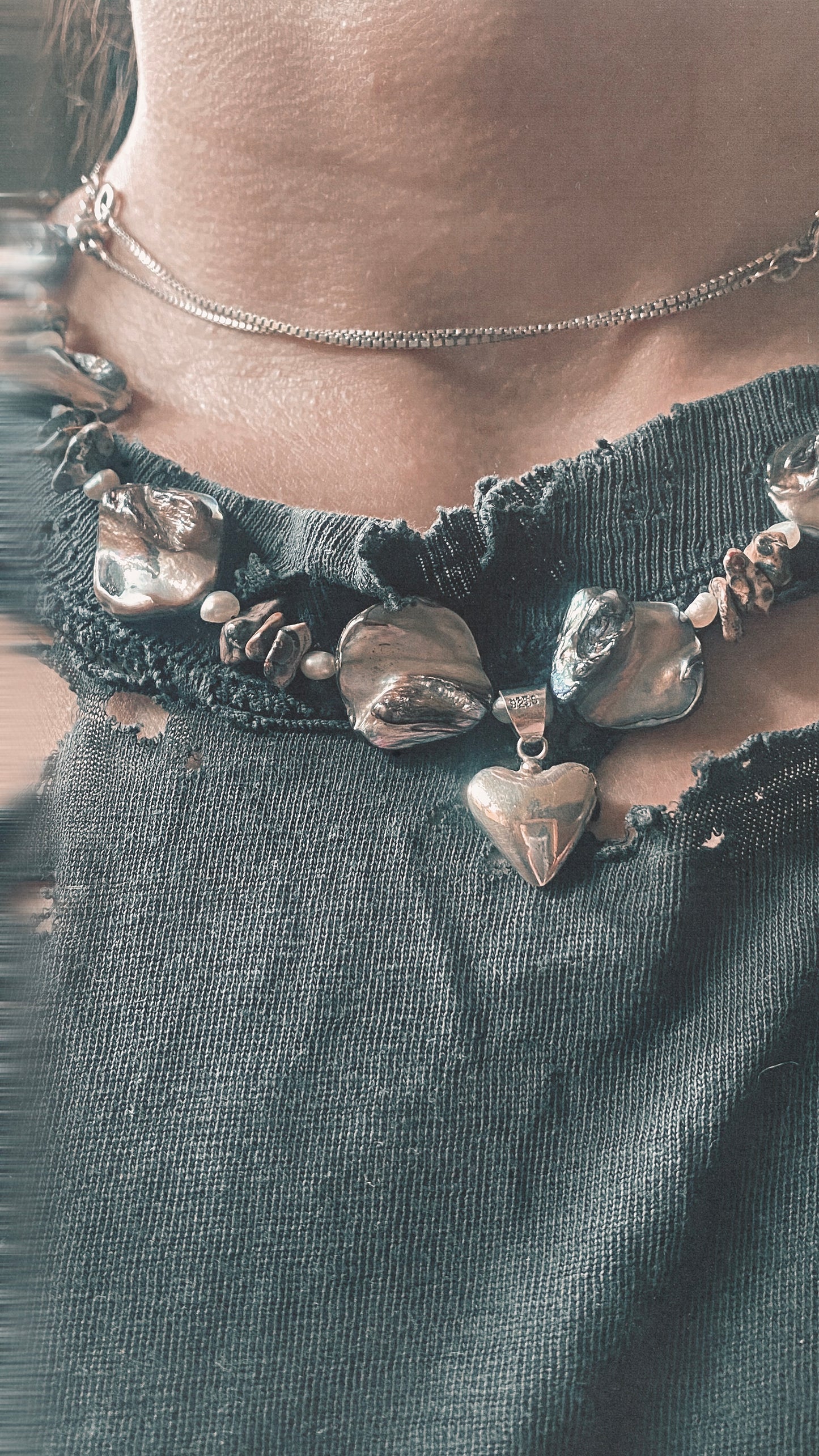 vintage silver heart on seashell, fresh water pearl and leopard jasper