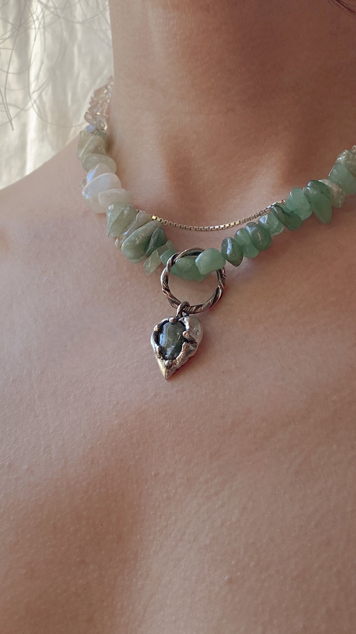 ꩜ volua ꩜ moss agate rainfall heart on gemstone gradient strand – handmade moss agate heart necklace with recycled silver and ethical stones, unique artisan gift
