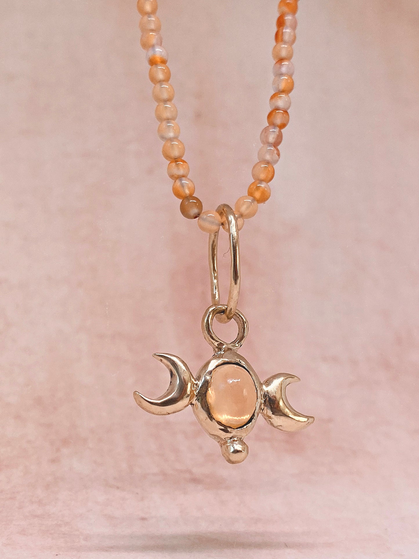 ꩜ volua ꩜ triple moon fire opal on gradient carnelian – unique fire opal and carnelian necklace, handcrafted artisan design, vibrant luxury golden brass