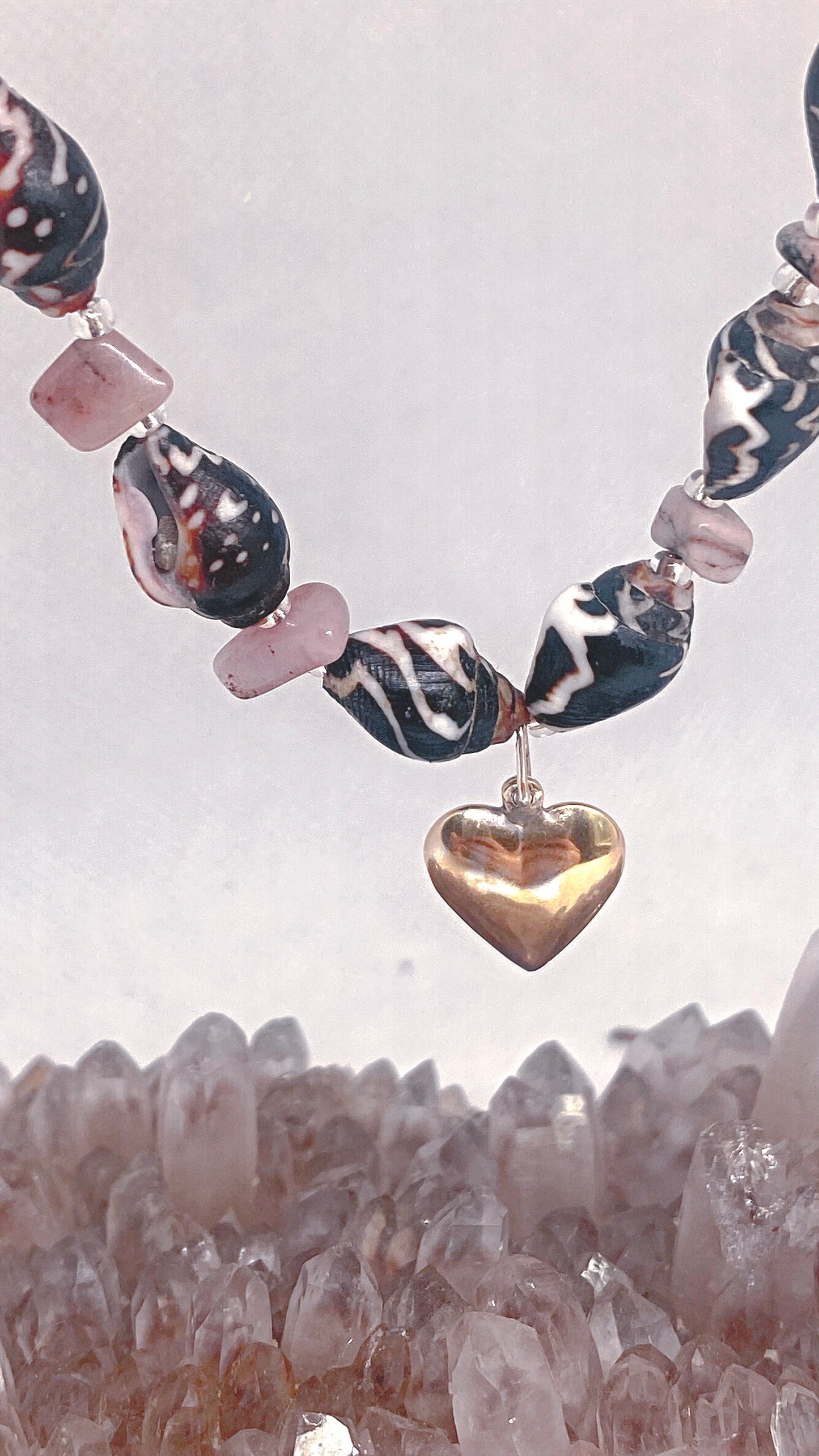 mottled mini shells and jasper with vintage gold plated silver heart