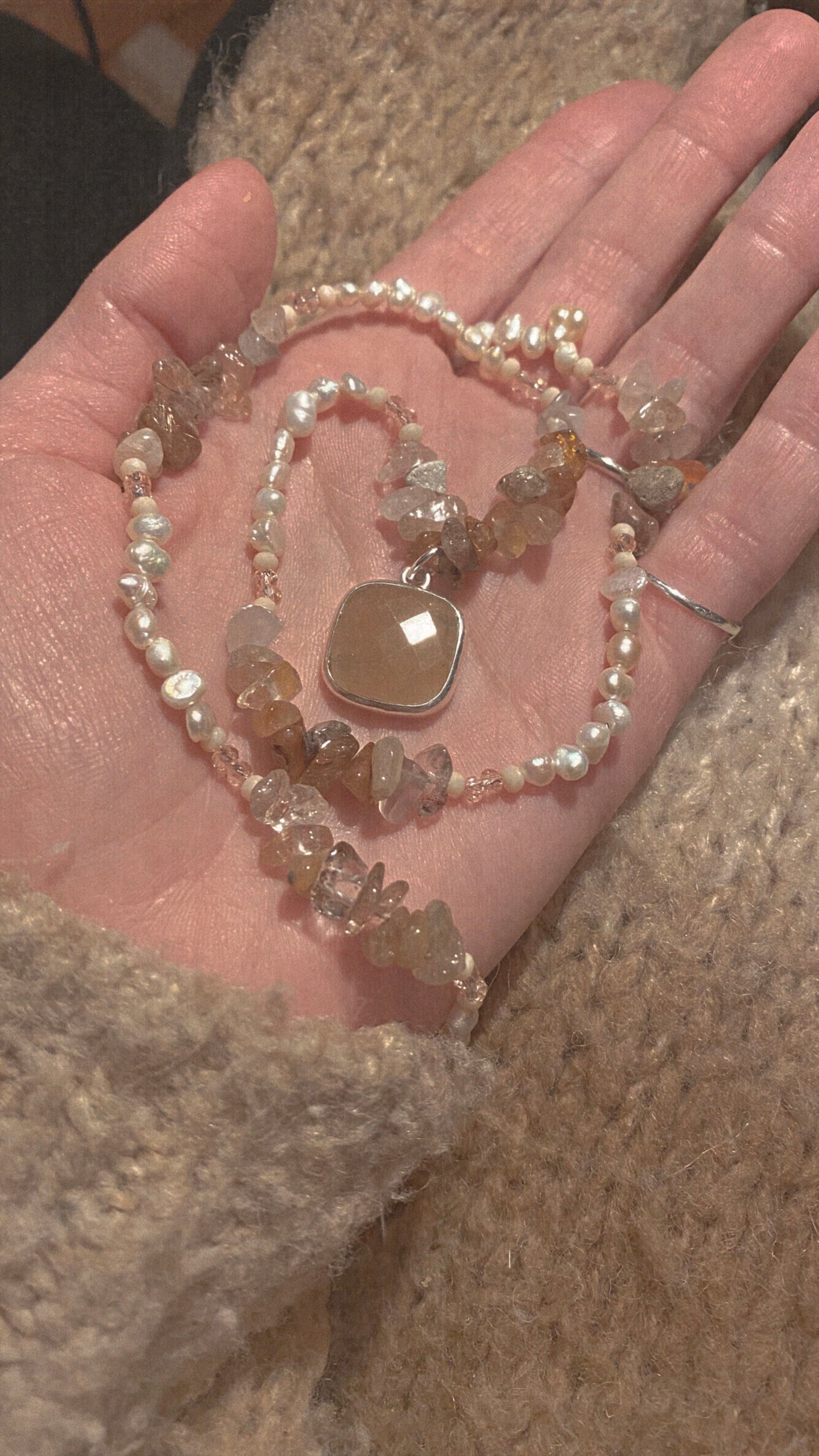 vintage faceted peach aventurine with freshwater pearls, sunstone, semiprecious rocks