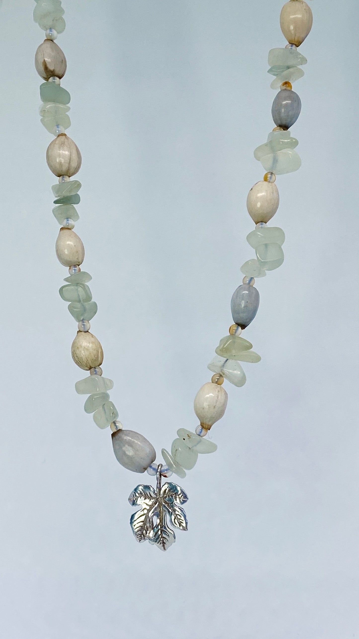vintage grape leaf on jade, carnelian and job’s tear strand