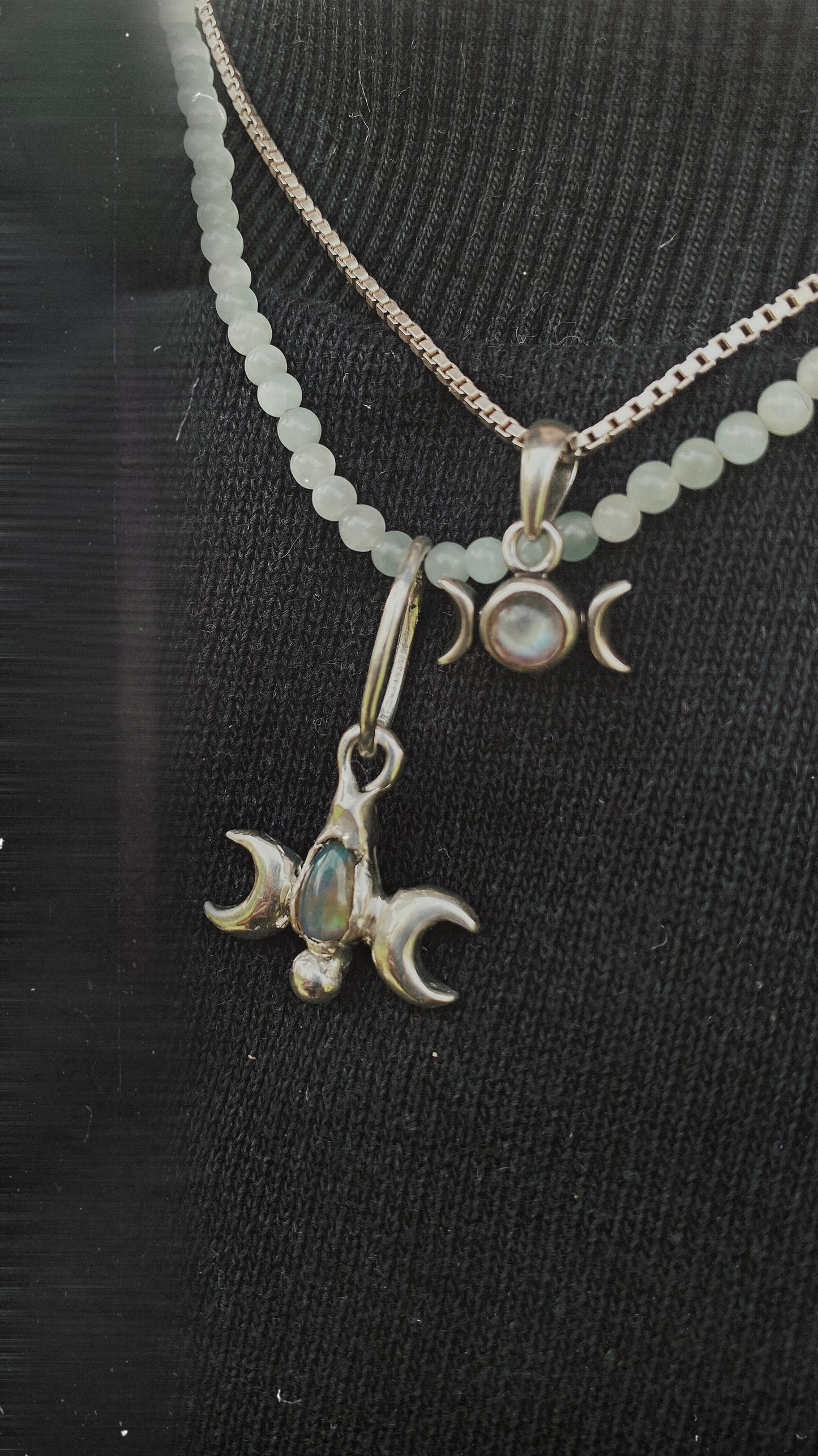 ꩜ volua ꩜ triple moon opal – unique silver triple moon opal necklace, handcrafted artisan design, mystical luxury heirloom gift