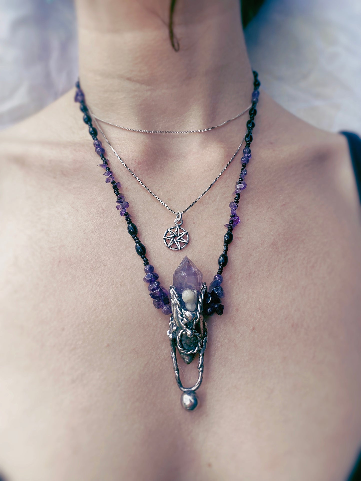 ꩜ volua talisman ꩜ amethyst pendulum on mineral and lava aroma bead strand