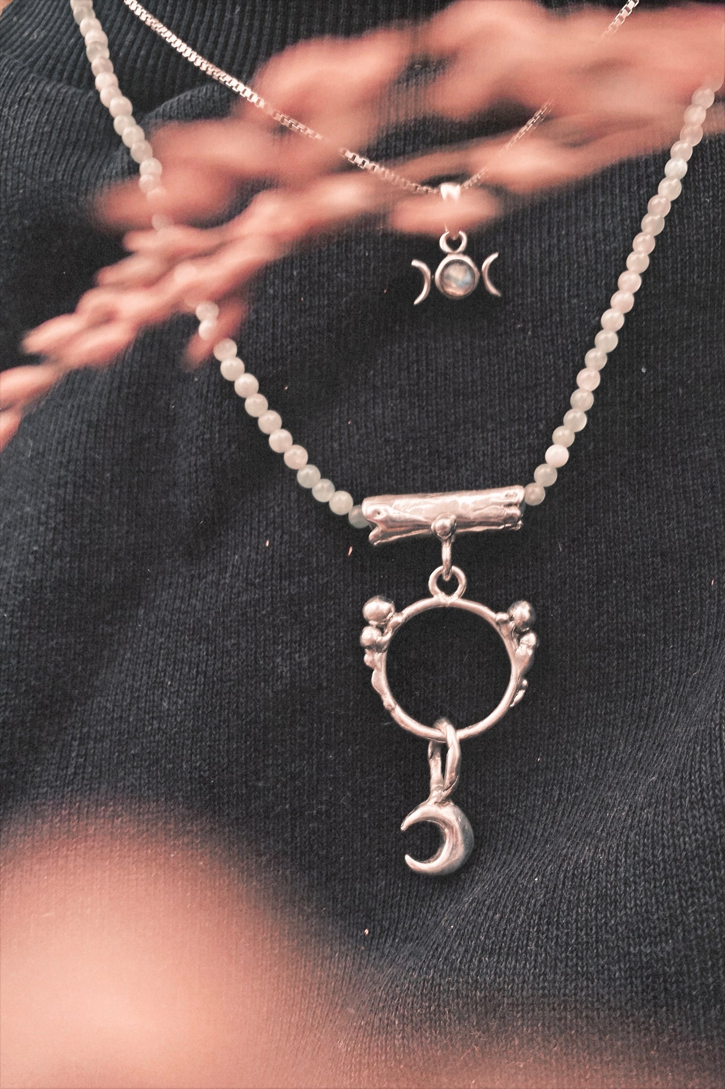 enter lunaria triple piece silver pendant {door nox} – one-of-a-kind moon motif pendant, handcrafted artisan jewellery, celestial luxury heirloom gift