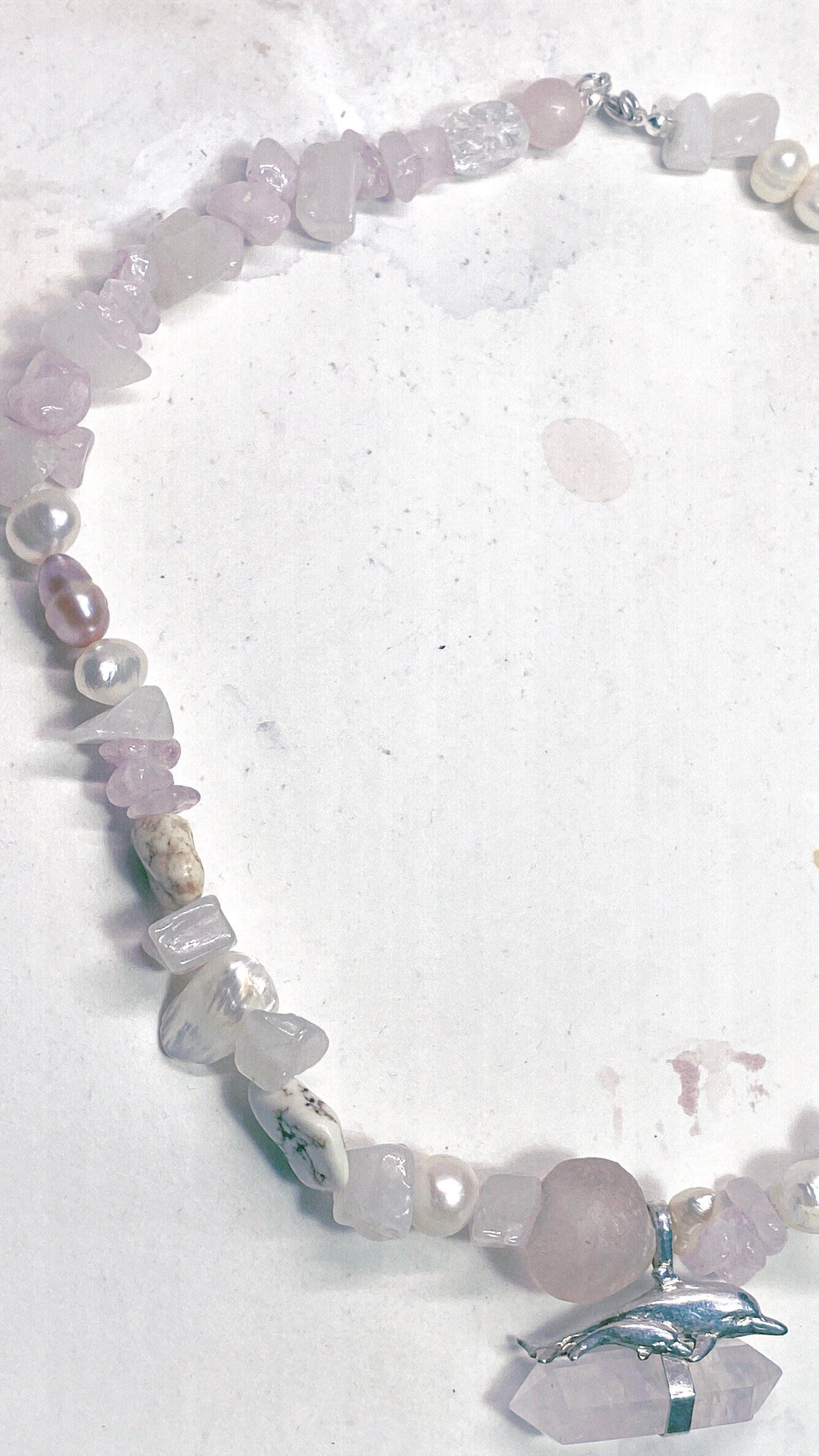 vintage silver dolphin mother and child pair with rose quartz on chunky, organic strand