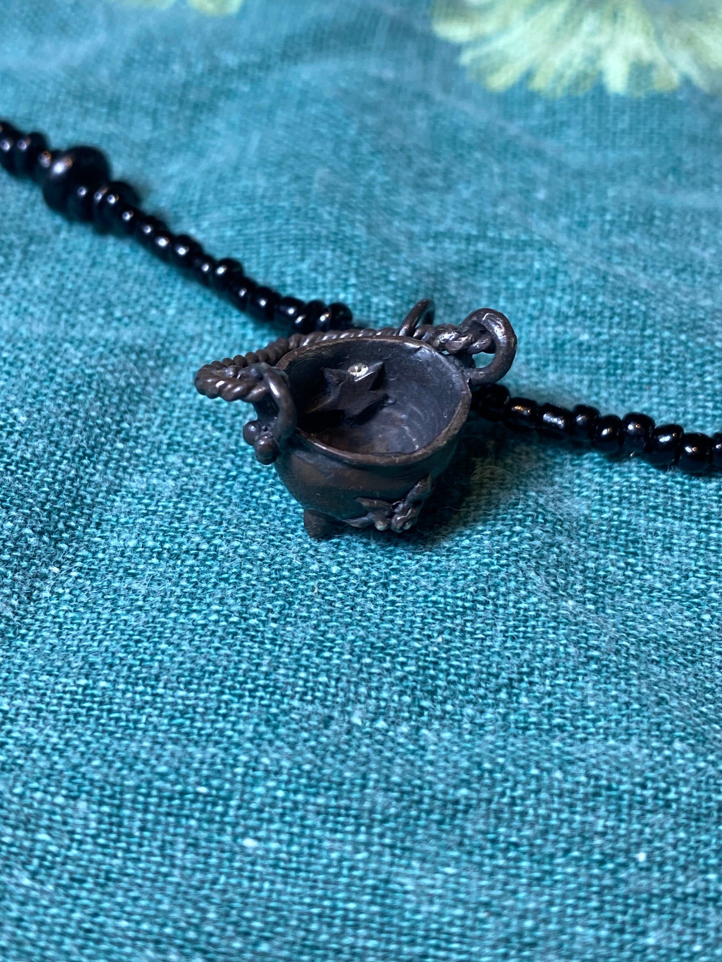 smoke obsidian // blackened silver cauldron on beaded string
