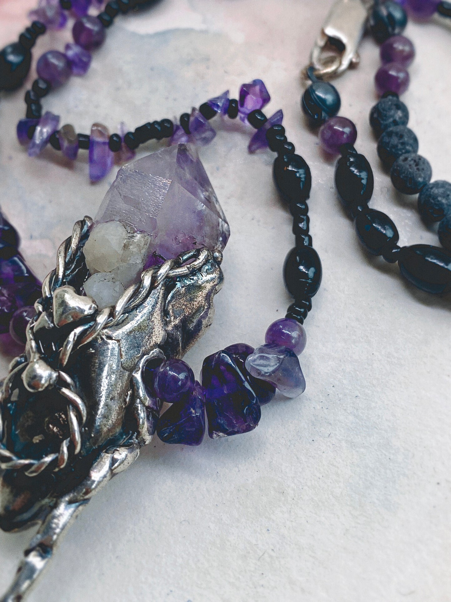꩜ volua talisman ꩜ amethyst pendulum on mineral and lava aroma bead strand