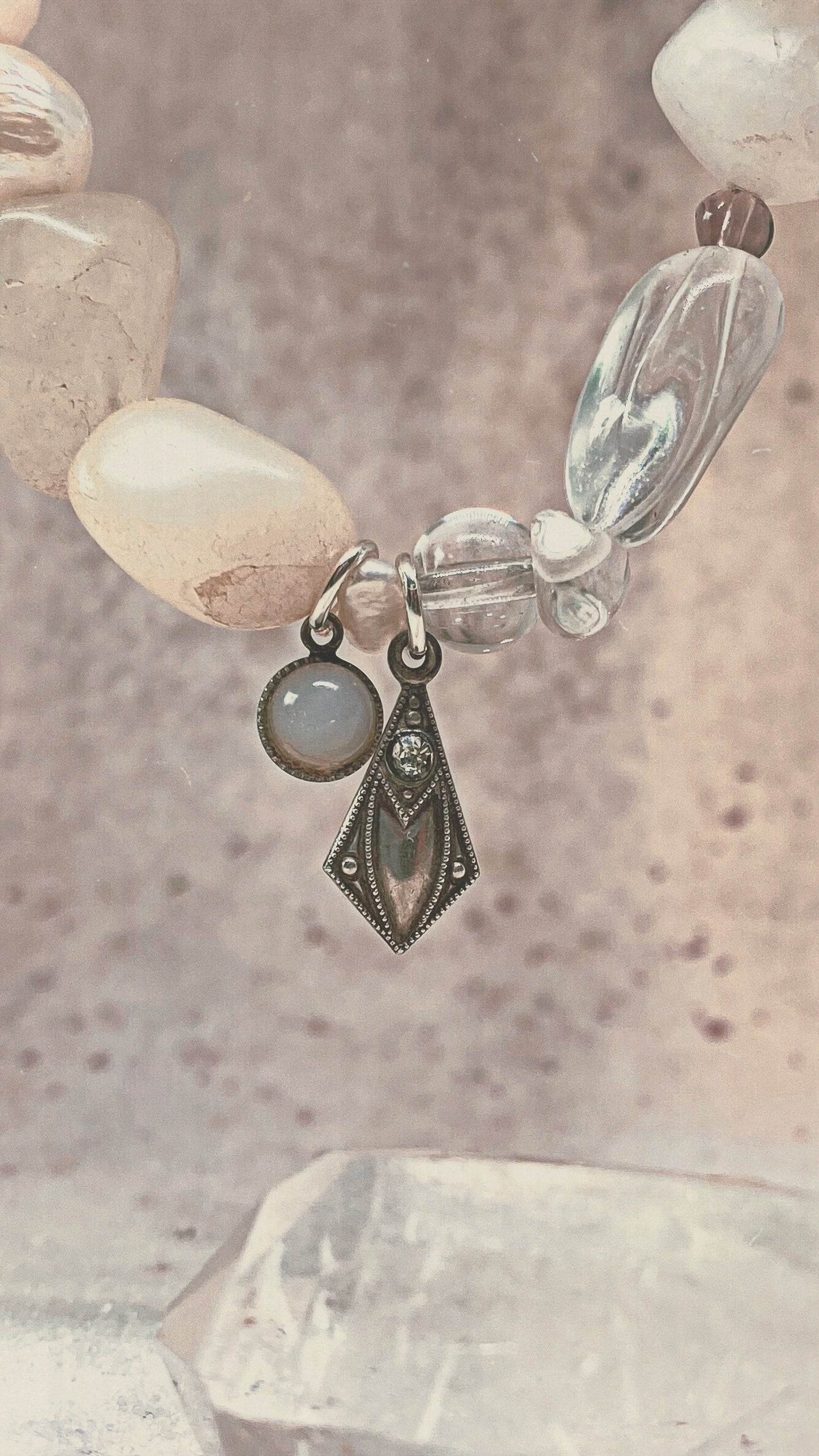 milky moonstone and vintage art noveau mini pendants on chunky pearl and gemstone strand