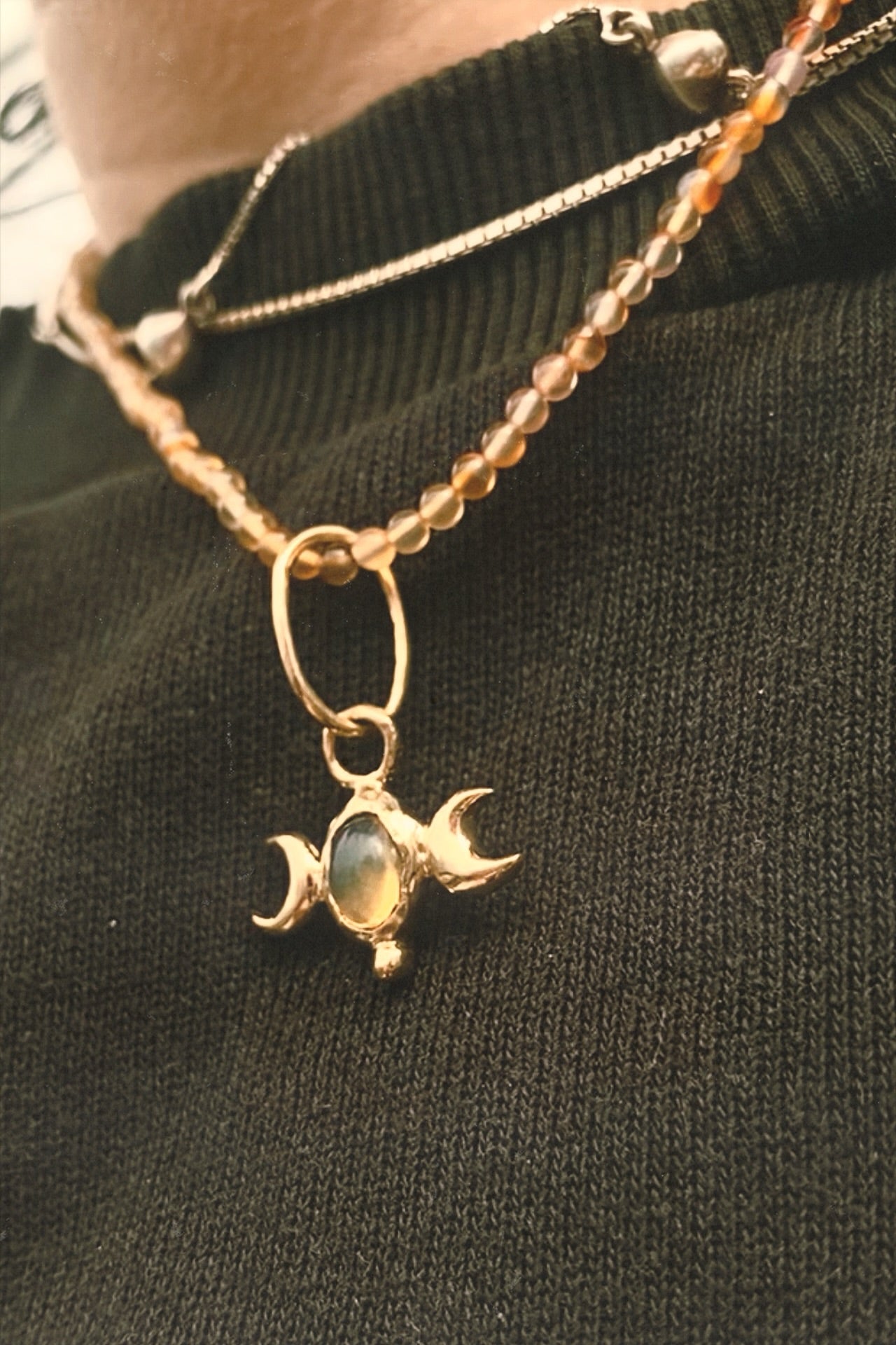 ꩜ volua ꩜ triple moon fire opal on gradient carnelian – unique fire opal and carnelian necklace, handcrafted artisan design, vibrant luxury golden brass