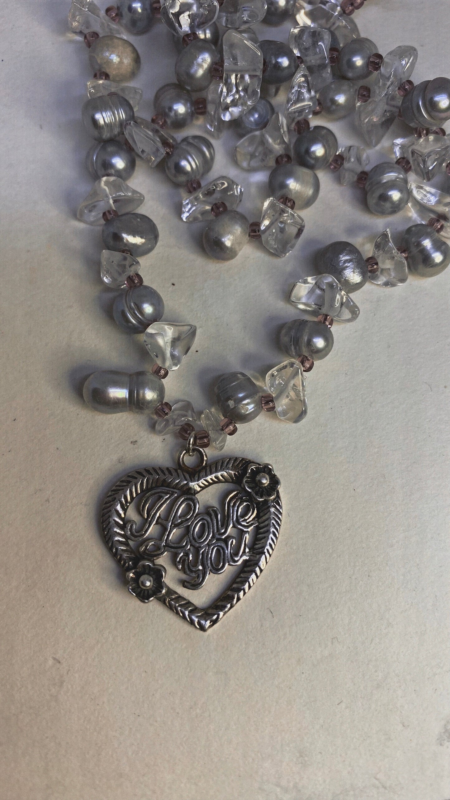 vintage 'i love you' silver heart on pearl and crystal