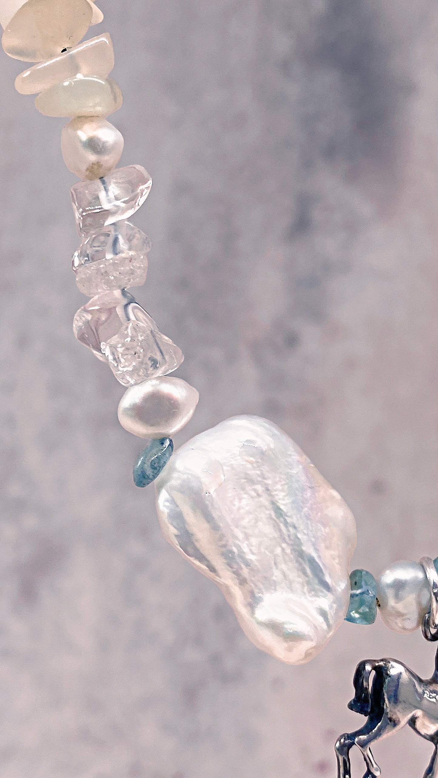 mermaid's pony, mini horse silver pendant on fresh water pearl and quartz variations
