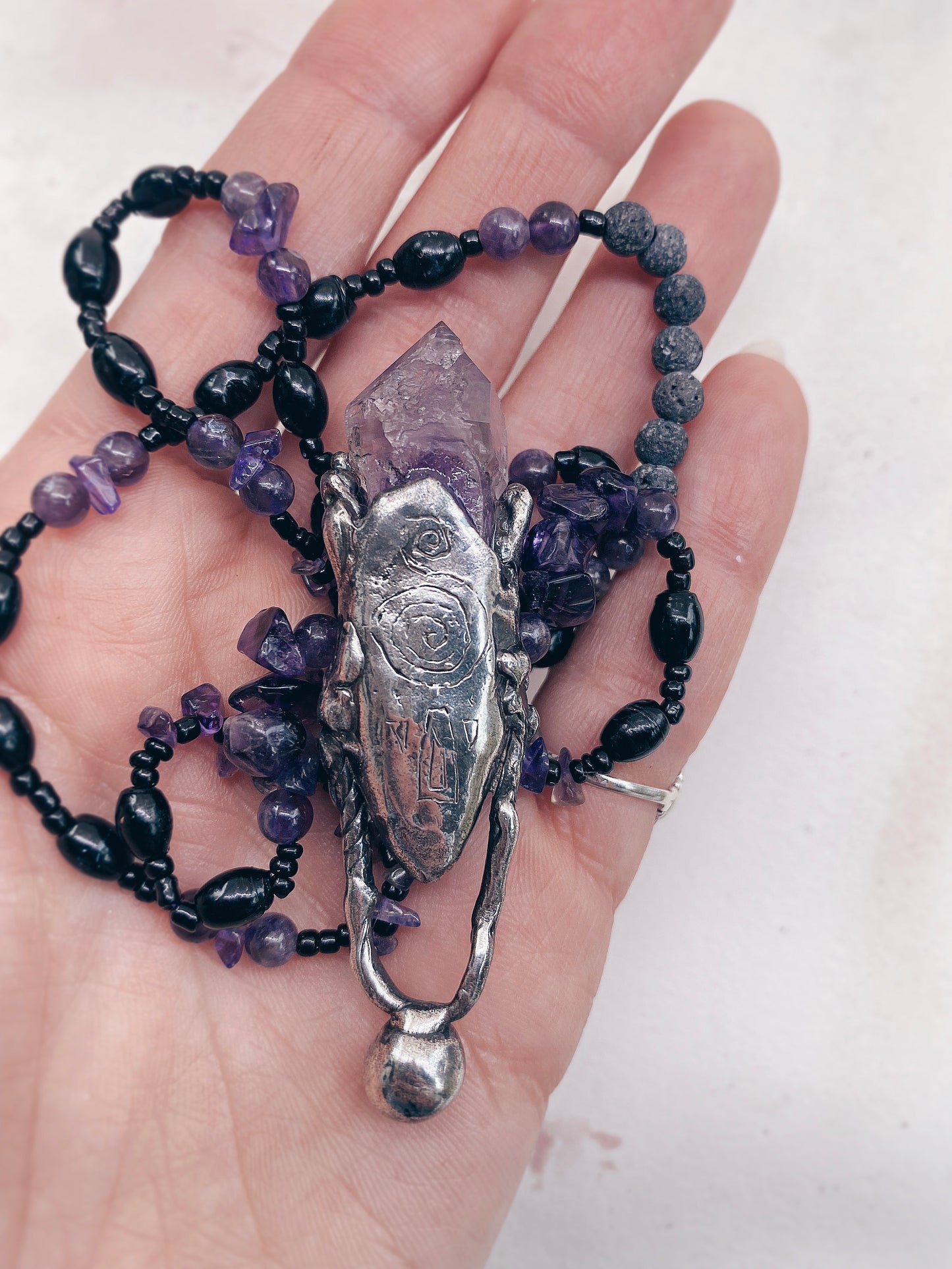 ꩜ volua talisman ꩜ amethyst pendulum on mineral and lava aroma bead strand